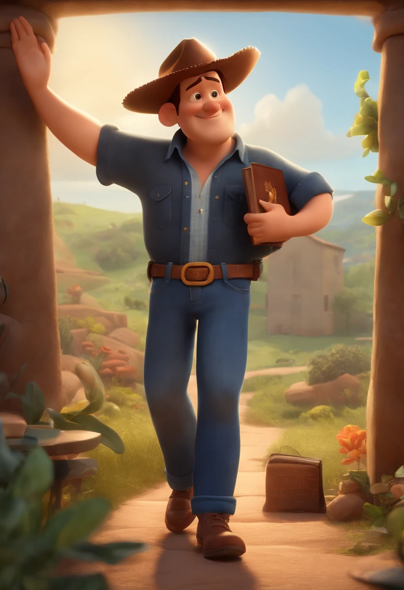 personagem dos desenhos animados pixar de um homem moreno gordinho bochechudo com camisa jeans e camisa preta aberta, With a Bible in his right hand, animation character