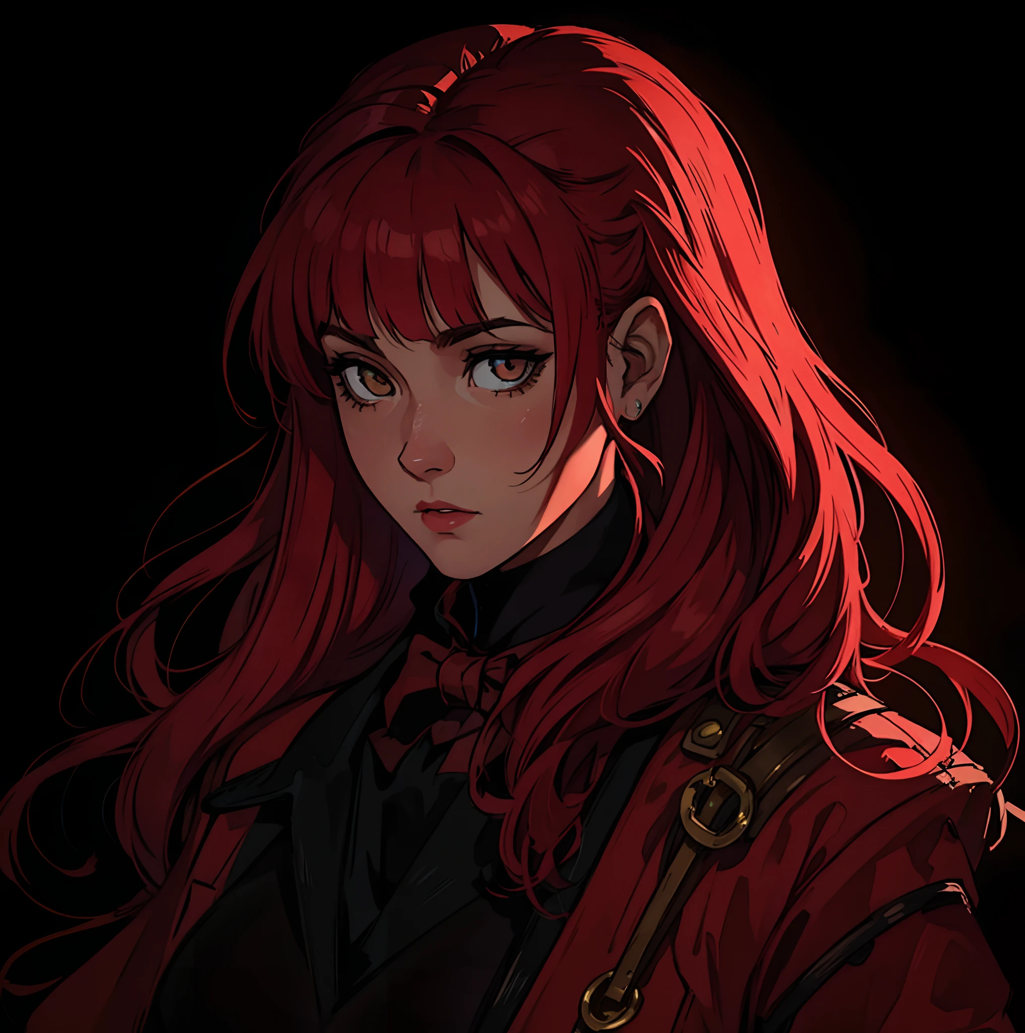 1 Mulher ruiva madura de olhos vermelhos maquiada Noite Fundo Steampunk Uma Arte para um RPG ((Very detailed strokes)) ((melhor qualidade))
