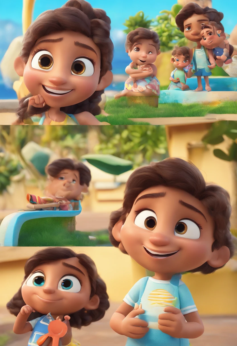Estilo Pixar: fami, A brunette father with short dark brown hair with a wears sunglasses Light skinned mother with light brown sun visor and dress and twin girls . Uma menina de 2 anos com o cabelo na cor castanho claro e a outra com 2 anos e com cabelo na cor castanho escuro. Com o fundo no rio de janeiro, with the name Pixar style film written family Ceciliano Oliveira.