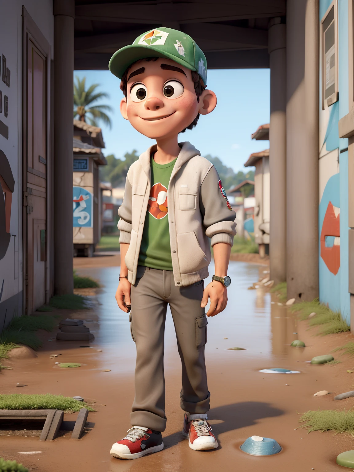 obra-prima, melhor qualidade, 1boy , Walking on the sidewalk, garoto hip hop, loose pants, retro, suburbano, suburb, 1990, gorro branco, ao ar livre, Relaxed, puddles, dreno, rebelde, arrastado, ((graffiti)), ((lixo)), sujeira deitada, folhas, ((concreto quebrado)), cidade, symmetric eyes, Hands in pockets, nuvens, nublado, rosto detalhado,