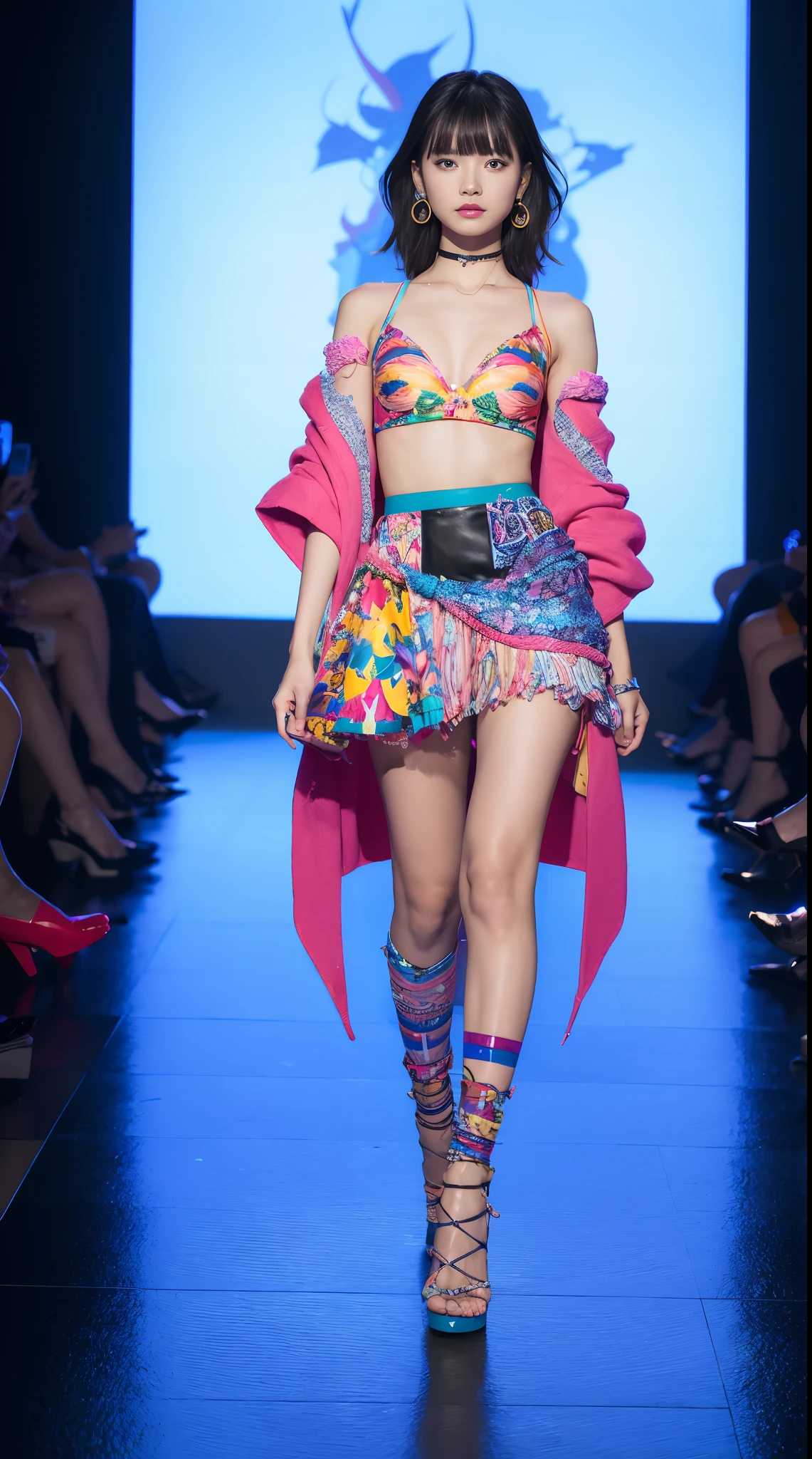 best quality, masterpiece, Fashion with a piece of fabric that exposes almost the entire upper body, H-shaped skirt that reveals more than 10cm above the knees, High heels that are very flashy and have a heel of more than 7 cm., large, colorful necklace, large and colorful earrings, large and colorful bracelets, Stockings with colorful and unconventional colors and patterns, Underwear with flashy and unconventional colors, patterns and shapes