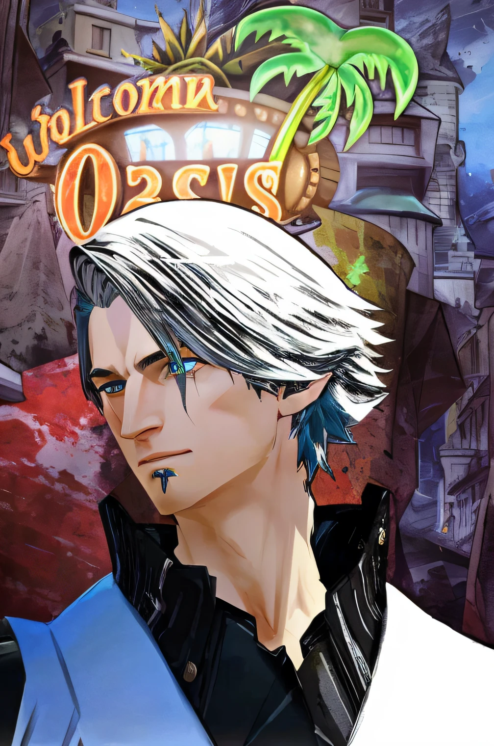 There is a man with white and a black military coat, character close-up, character art closeup, aquamarine eyes, he has aquamarine colored eyes, thancred waters in style of wlop, closeup portrait of fantasy military man, ruined buildings behind him, white gem on forehead, he has a white gem on his forehead, he has aquamarine eyes, white gem on forehead, black military coat