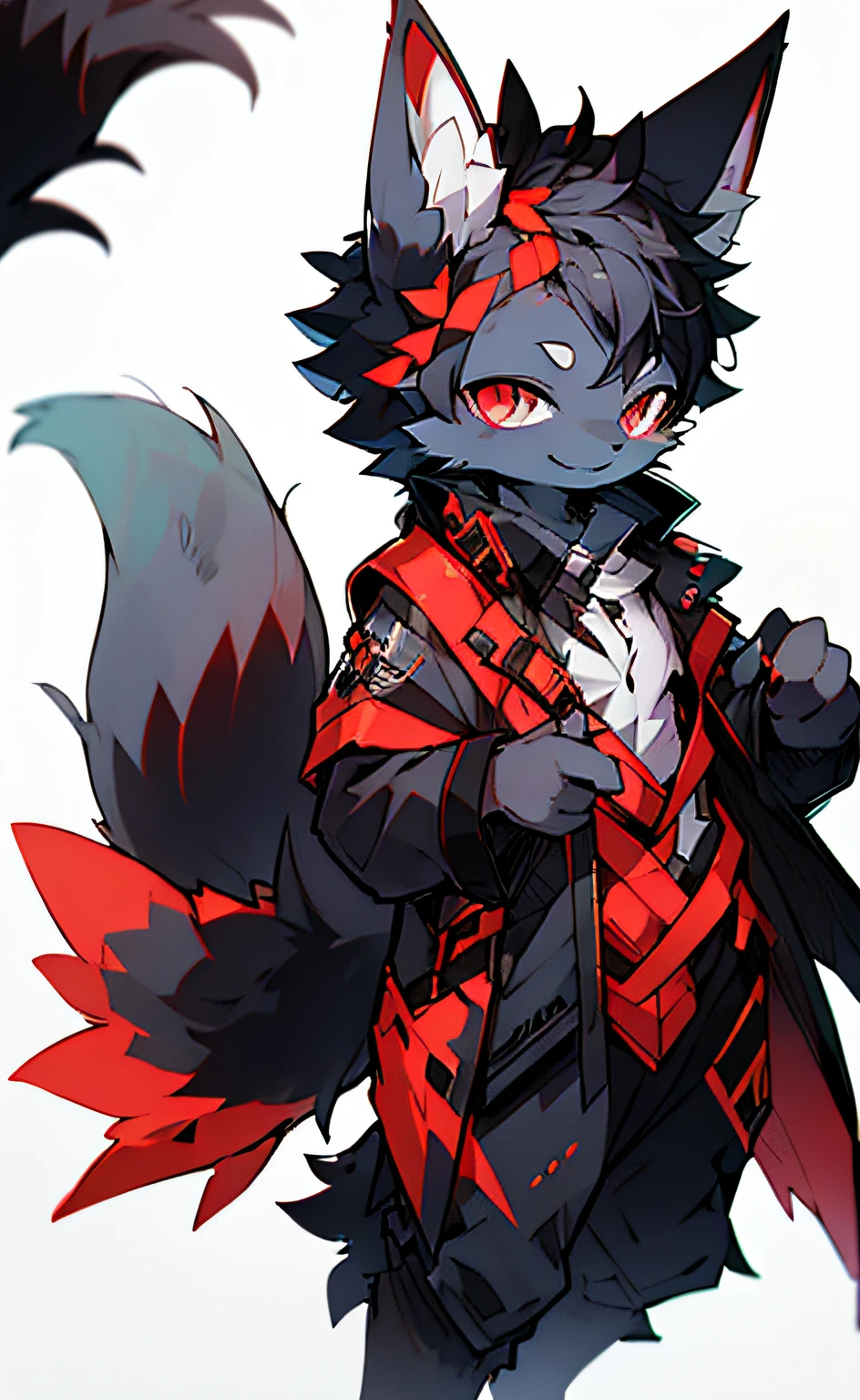 Blue wolf purple-red eyes, , Long black hair, Tail, The chest is slightly raised，red and black costume，With a smile，Two tiny ears，White skin