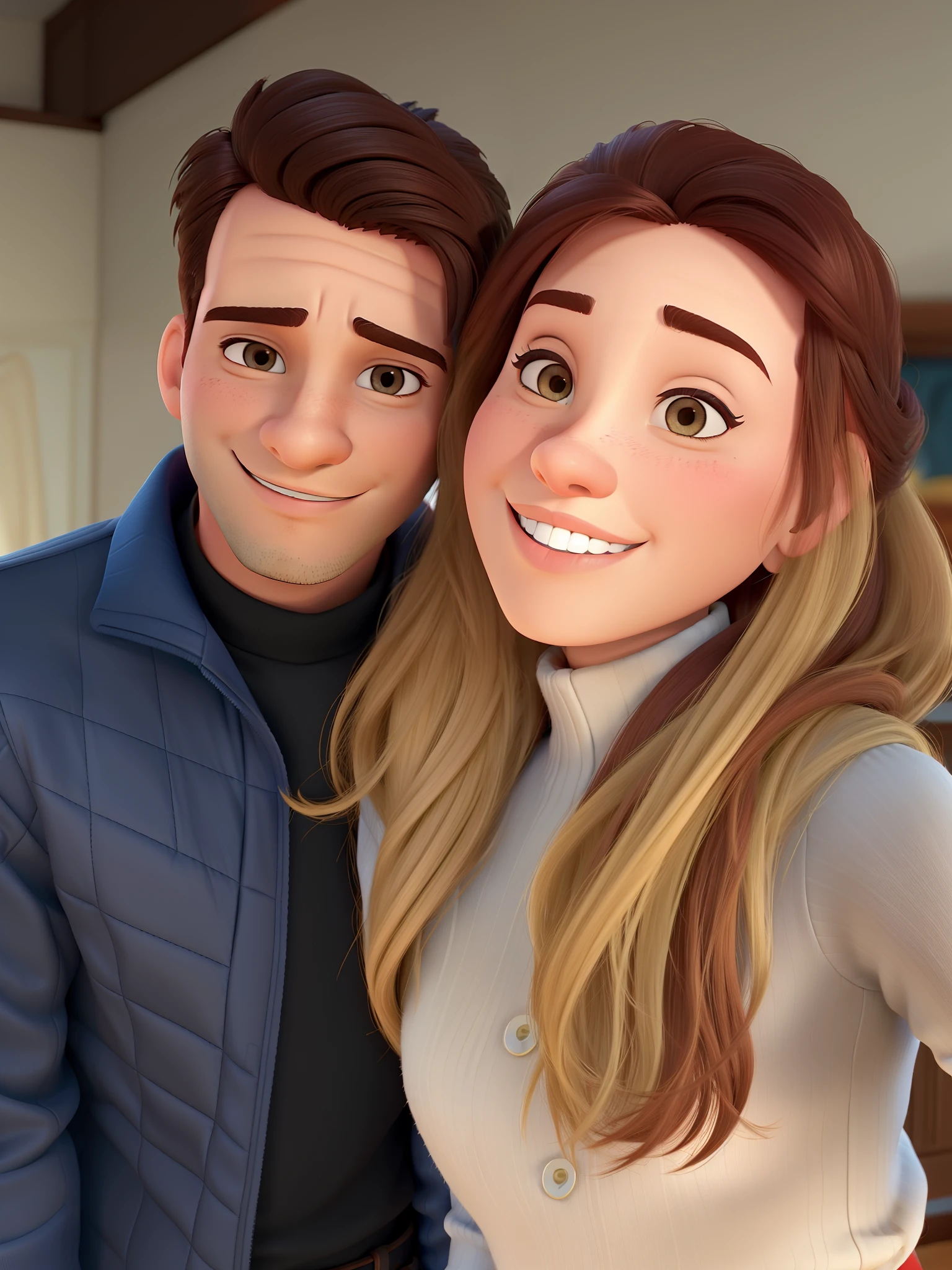 Casal (homem moreno e mulher branca) no estilo Disney Pixar, alta qualidade, melhor qualidade.