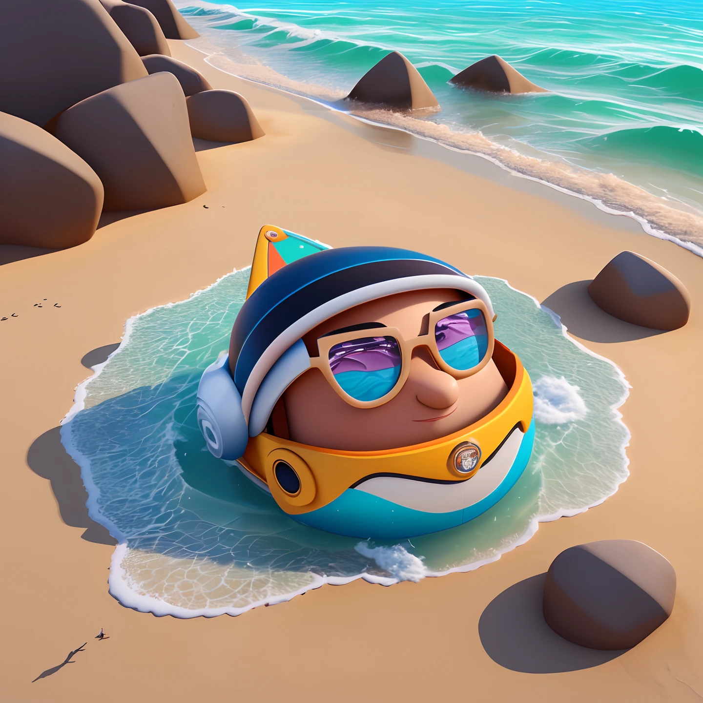 Garoto na praia com areia e mar atras  , de oculos na cabeca estilo Pixar, estilo 3D, estilo Disney, 8k, bonito