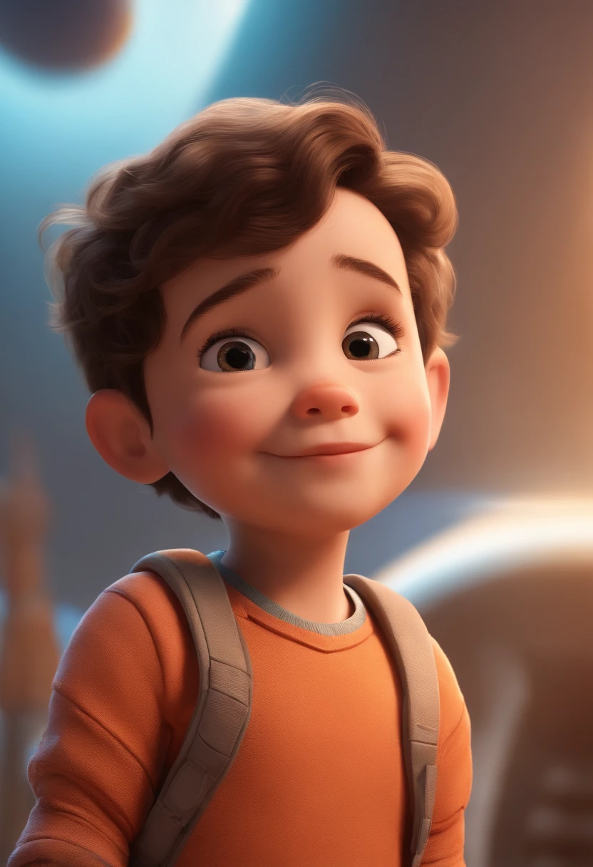 a happy cute standing short hair, vestindo uma fantasia espacial, , fundo branco, barnet, toon, estilo pixar, 3d, desenhos animados, rosto detalhado, asymmetrical 16k