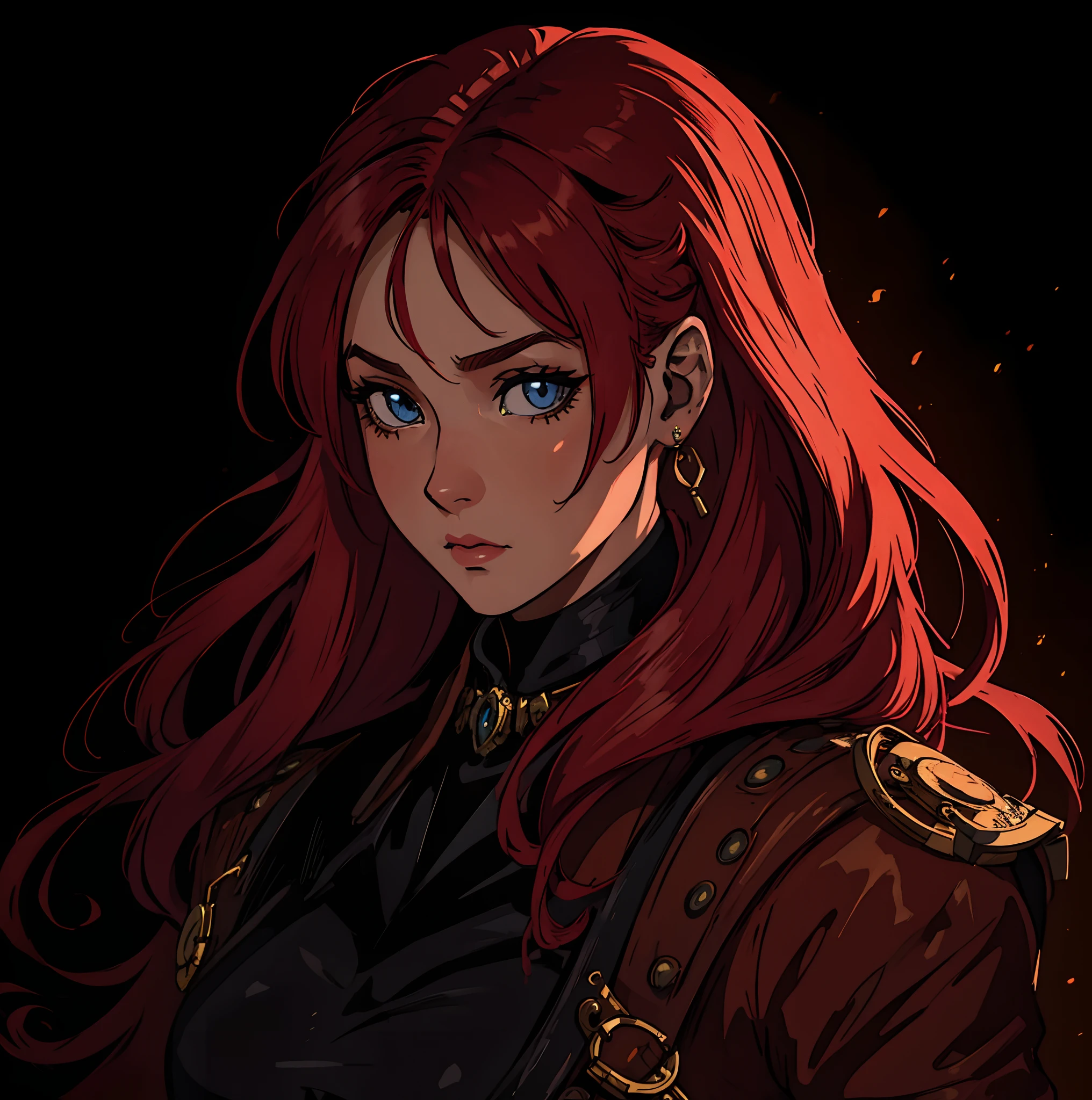 1 Mulher ruiva madura de olhos vermelhos maquiada Noite Fundo Steampunk Uma Arte para um RPG ((Very detailed strokes)) ((melhor qualidade))