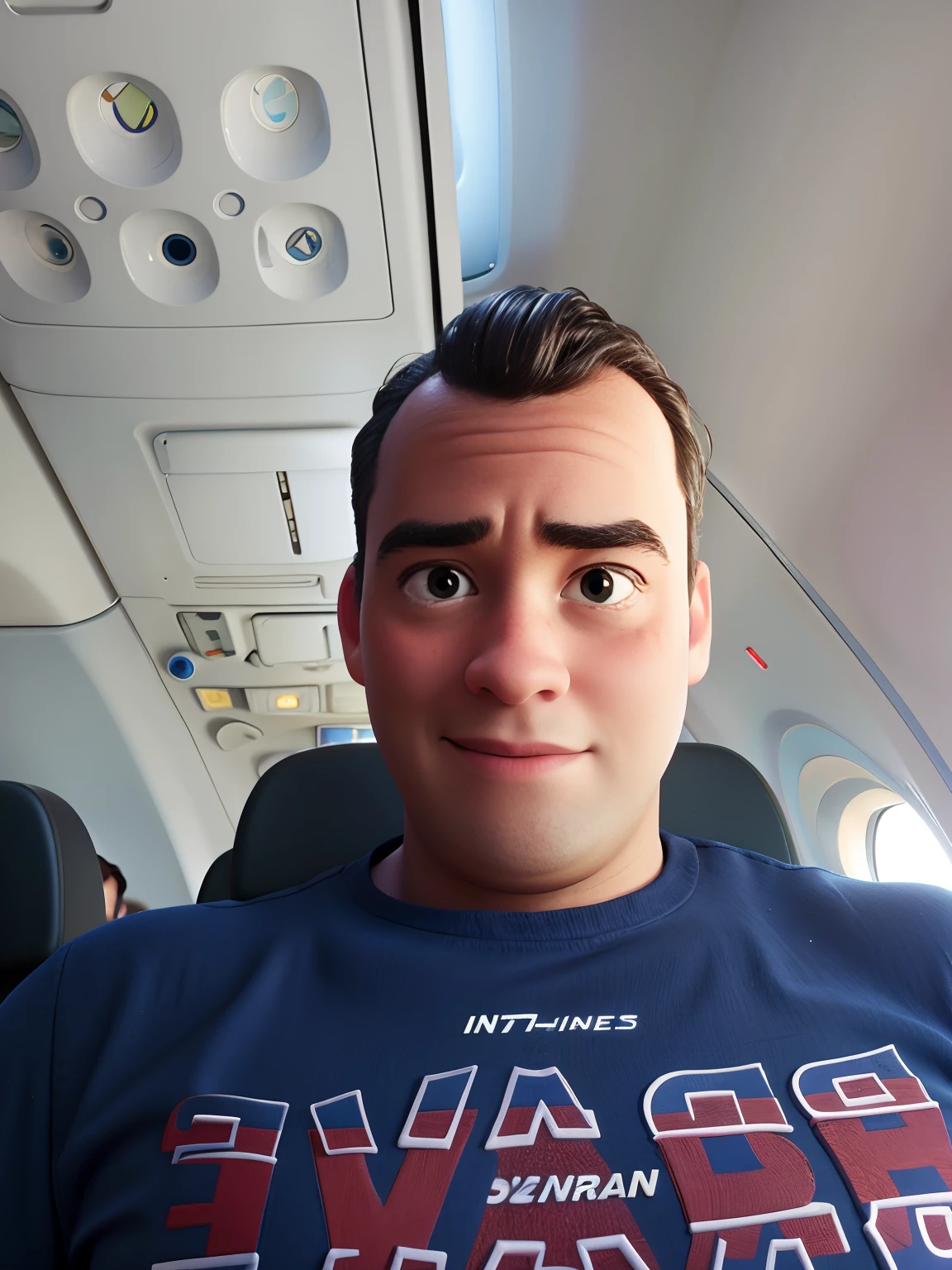 A pixar galan inside the strong airplane