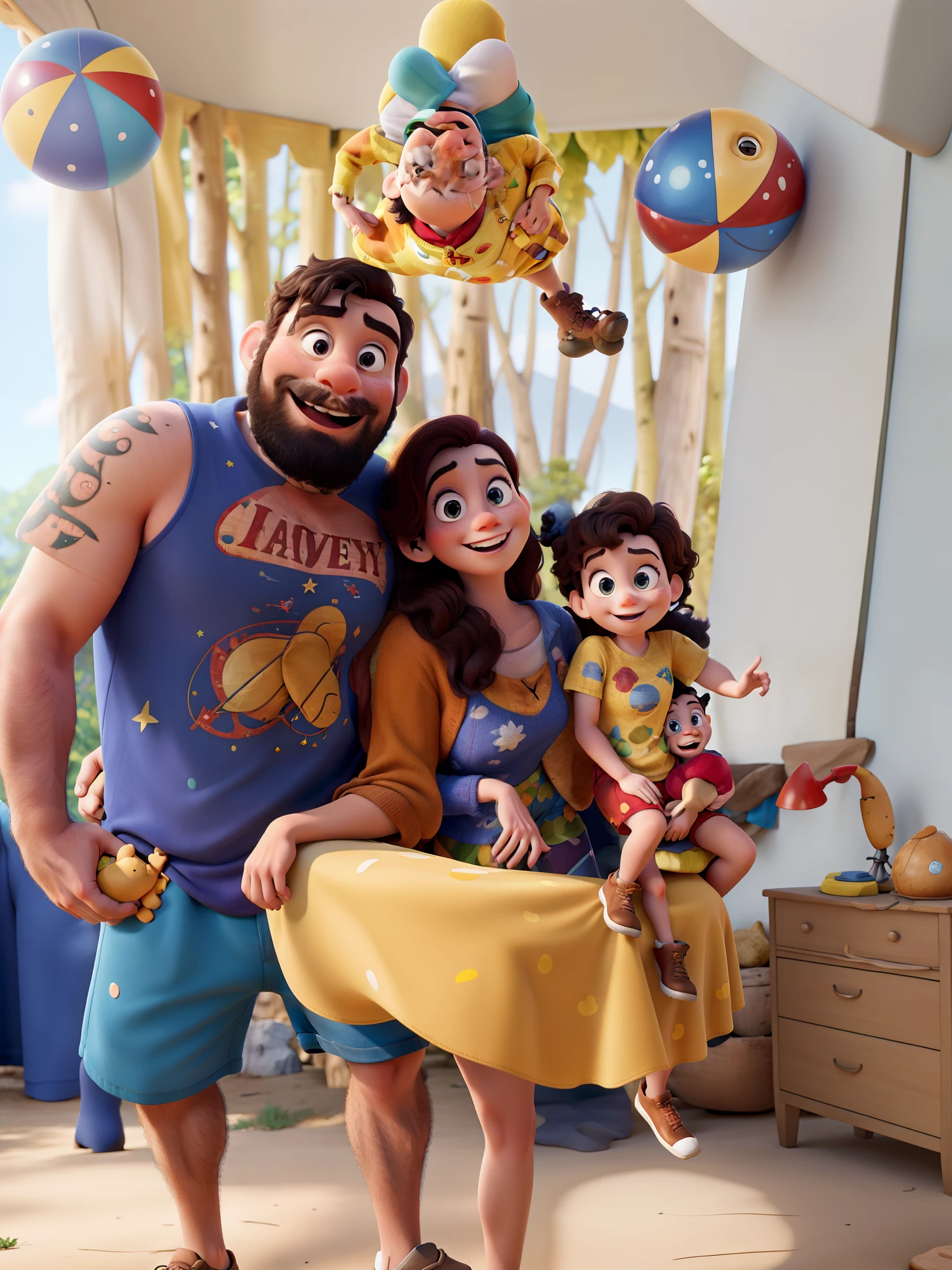 A Disney Pixar-style family in the woods on a sunny day, alta qualidade