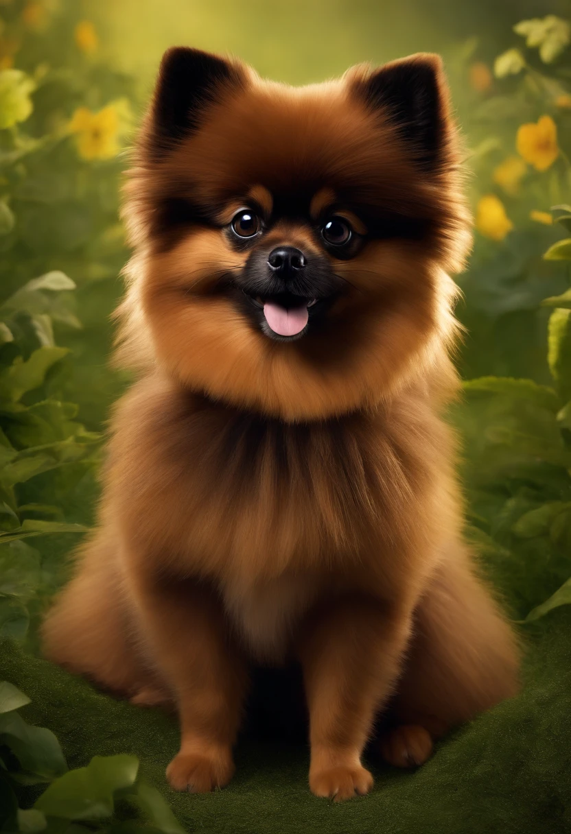 Animated poster for the Disney Pixar film of a small German Pomeranian spitz with black fur and a mustache colored in dark caramel, com as patas cor de caramelo. Com muito pelo e cor preta.