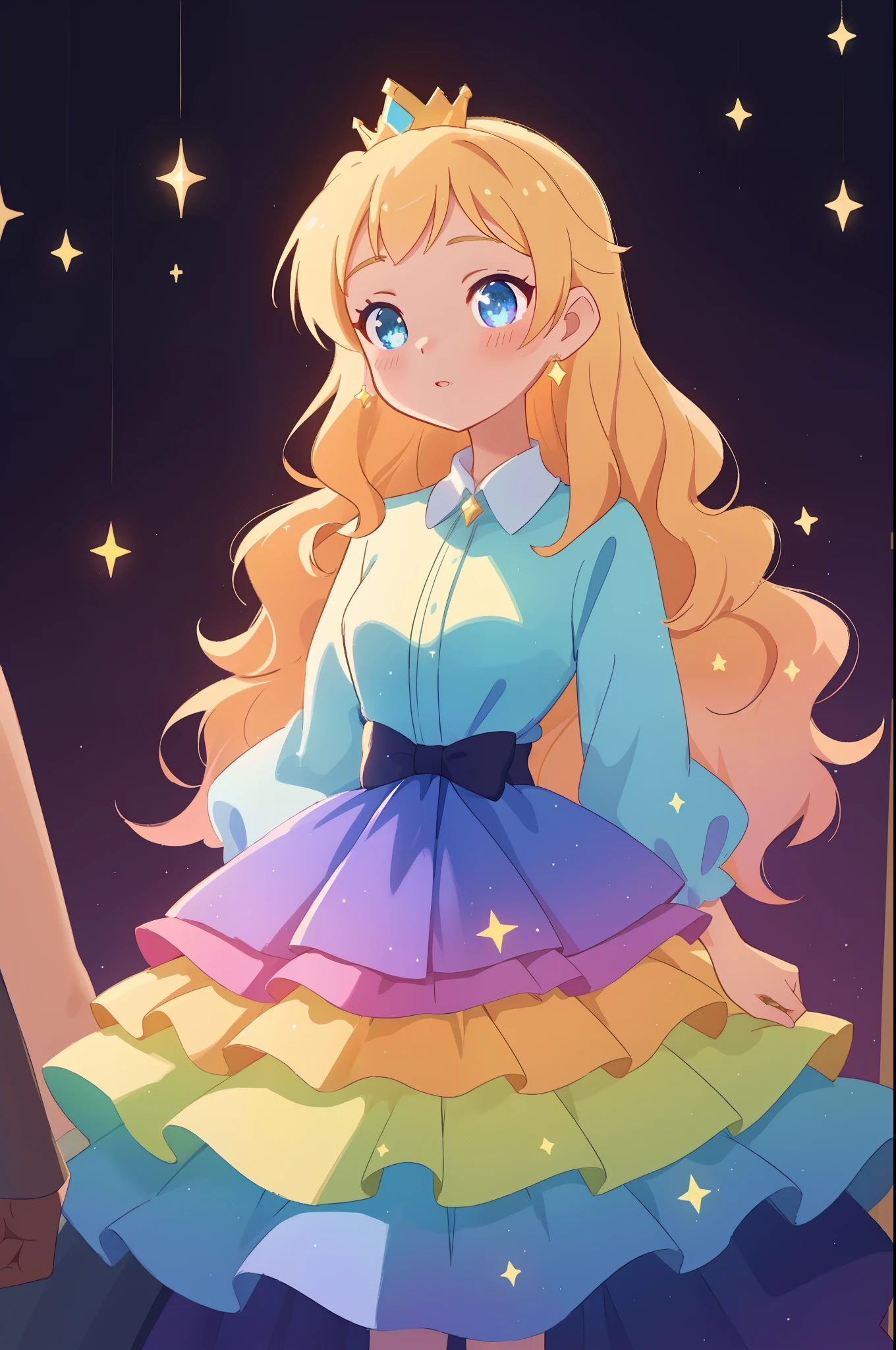 beautiful anime girl, princess, colorful fantasy princess layered ballgown, colorful rainbow layered ballgown dress, fantasia background, sparkling lights, sparkling ballgown, twinkling lights, magical, soft pastel colors, (masterpiece), best quality, sharp focus, intricate details, highly detailed, detailed dress design, sharp focus, high resolution, 8k resolution, beautiful face, golden ratio, perfection, perfect composition, sparkling eyes, highly detailed eyes, perfect face, beautiful, sparkling lights, dark background, cinematic lighting, long wavy blonde hair