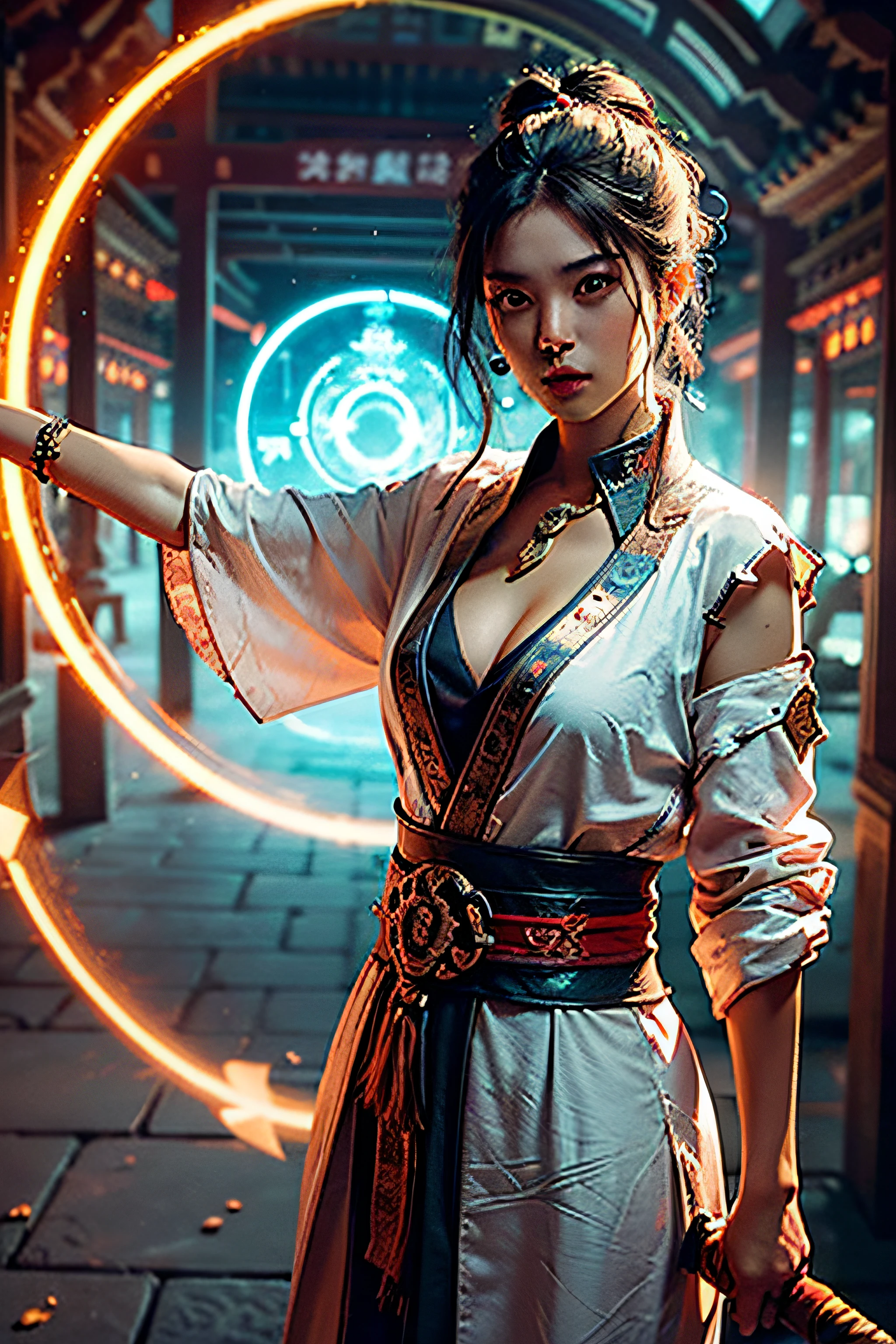 Best quality,masterpiece,ultra high res,(photorealistic:1.4),xiuxian,weapon,Detailed face,
1girl,solo,weapon,cleavage,(magic circle:1.2),xiuxian,upper body,Beautiful girl,full body,east asian architecture,sheath,architecture,