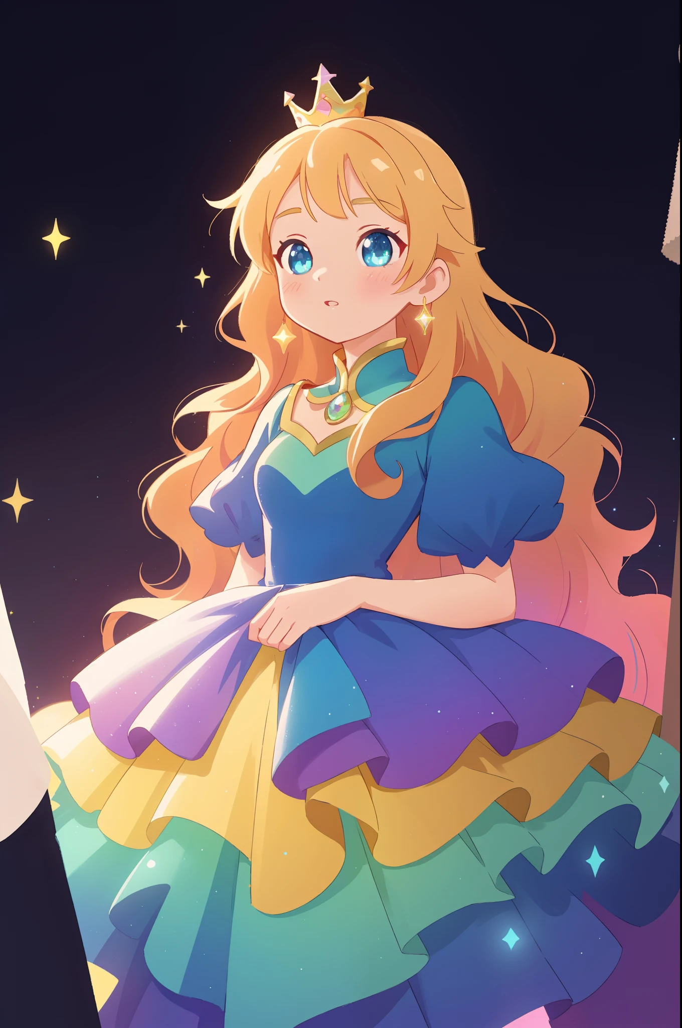 beautiful anime girl, princess, colorful fantasy princess layered ballgown, colorful rainbow layered ballgown dress, fantasia background, sparkling lights, sparkling ballgown, twinkling lights, magical, soft pastel colors, (masterpiece), best quality, sharp focus, intricate details, highly detailed, detailed dress design, sharp focus, high resolution, 8k resolution, beautiful face, golden ratio, perfection, perfect composition, sparkling eyes, highly detailed eyes, perfect face, beautiful, sparkling lights, dark background, cinematic lighting, long wavy blonde hair