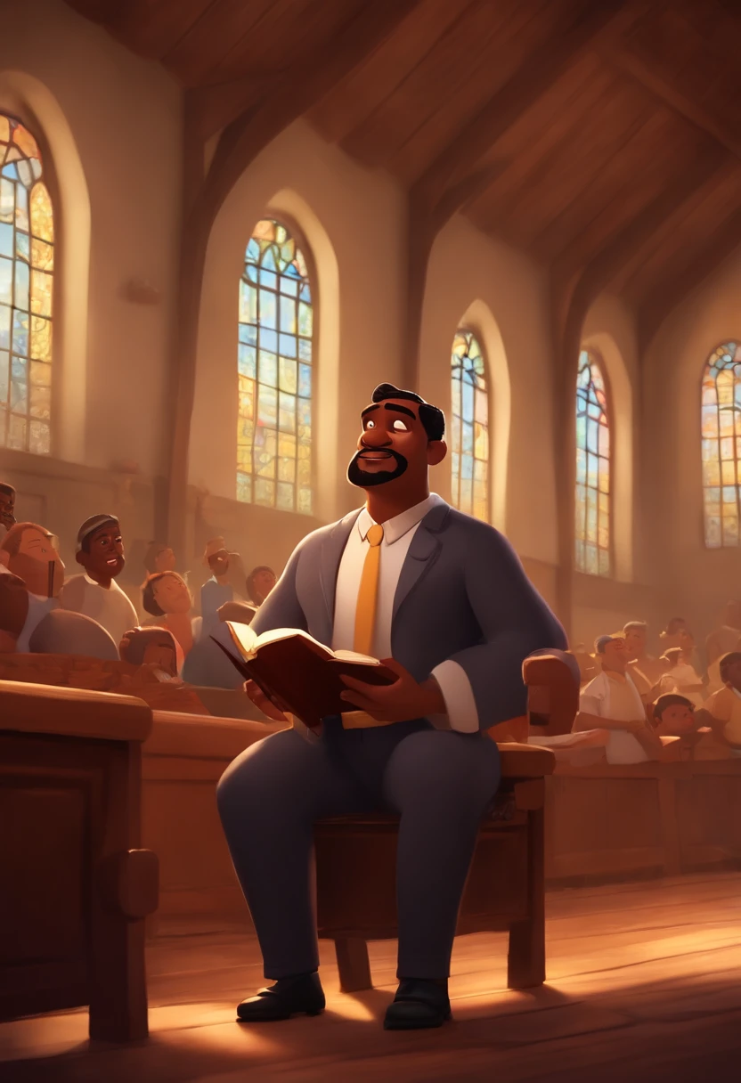 personagem dos desenhos animados pixar de um homem latino gordinho bochechudo com camisa preta aberta, With a Bible in his right hand, preaching in an evangelical church