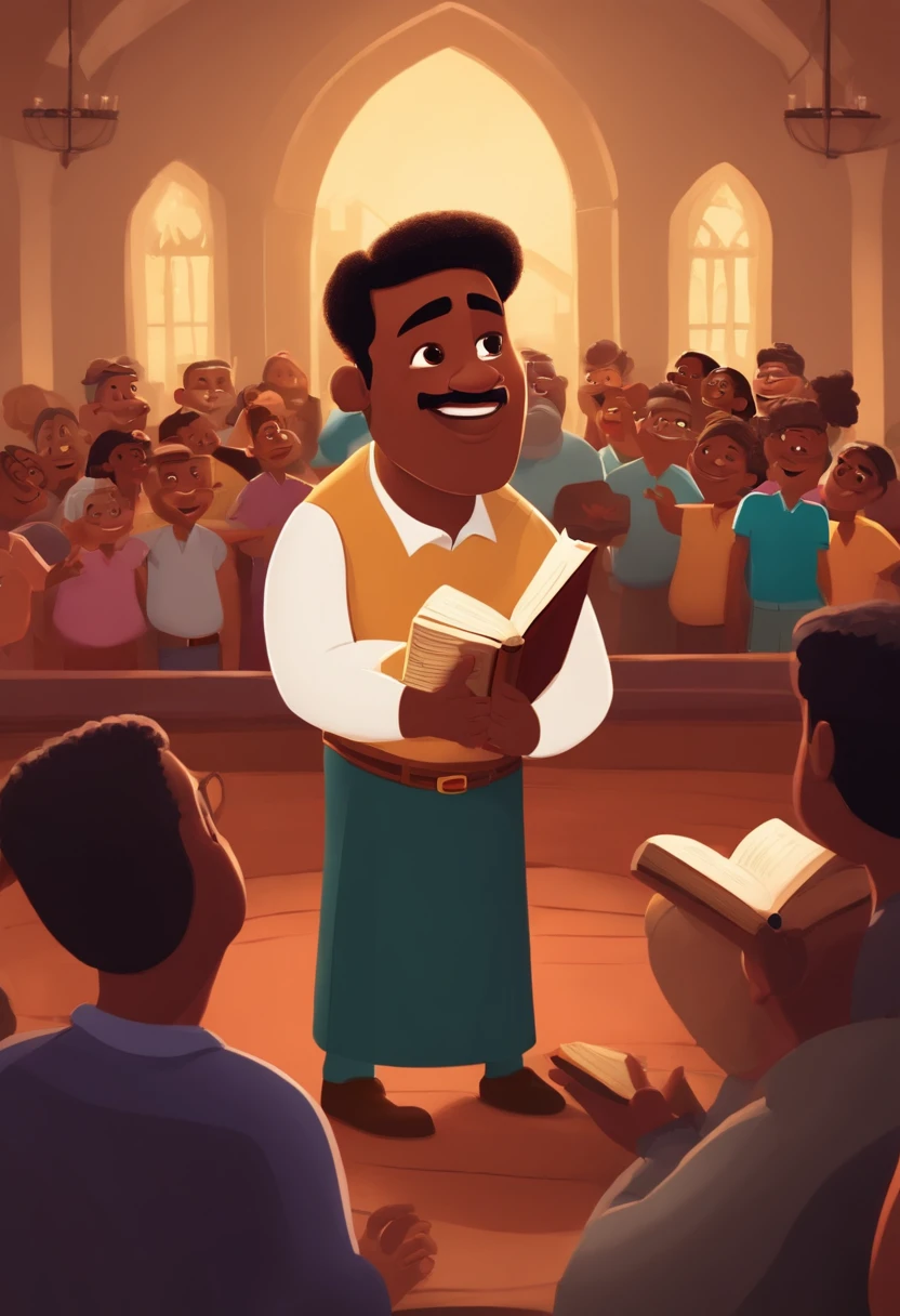 personagem dos desenhos animados pixar de um homem latino gordinho bochechudo com camisa preta aberta, With a Bible in his right hand, preaching in an evangelical church