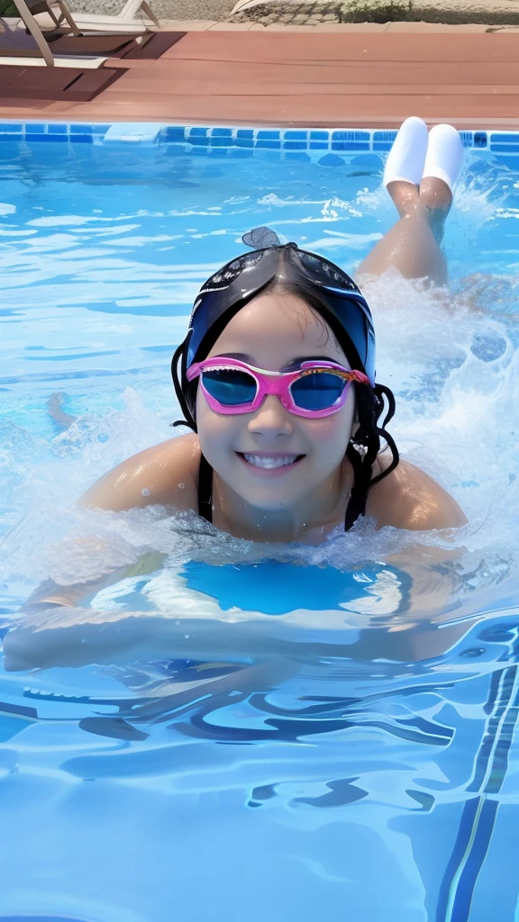 (Beautiful 12 year old Japanese girl), cute face, (deeply carved face:0.7), (freckles:0.6), dramatic lighting, shy, ponytail, (smile), (sparkling eyes), swimsuit slender, pool