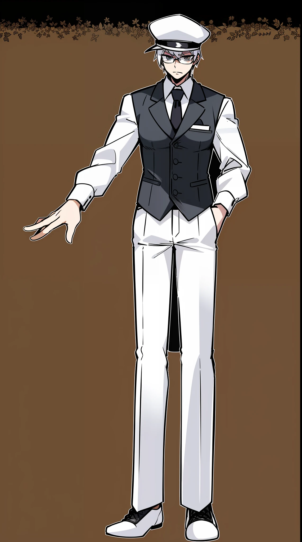butler vest, pants white and black cloths, half bald , white hair, glass, hat, black cloths