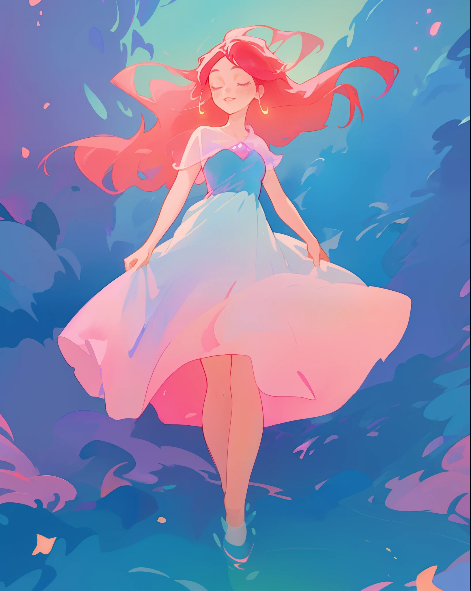 beautiful girl, gradient blue pink and purple dress, flowing pink red hair, otherworldly purples blues and greens landscape background, watercolor illustration, disney art style, glowing aura around her, flowing glowing hair, glowing flowing hair, fantasia otherworldly landscape, beautiful, masterpiece, best quality