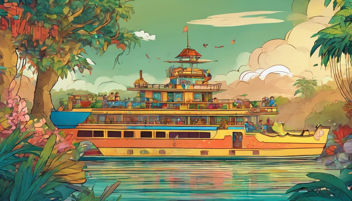 a double-decker boat with a group of 10 tourists navigates a wide river in the Amazon rainforest, with vibrant lighting, cores vibrantes, Blue sky with few embedded clouds, estilo de aquarela (melhor qualidade,mais alto,Ultra - Detalhado,Realistic:1.2) Quadrinhos detalhados e coloridos do livro ilustrado dos desenhos animados chineses, Use vibrante, Exaggerated colors to make the illustration stand out. The characters are rich in detail,Expressivo, It has complex facial features and expressive eyes. Increase composition depth with dynamic perspectives and dramatic angles. The artwork is reminiscent of traditional comic book illustration, Uma mistura de linhas ousadas e sombras realistas. Experiment with unique textures and patterns,Create visually captivating experiences. Combine visually stunning speech bubbles and sound effects,para melhorar a narrativa. Lighting is dramatic, Projete sombras atraentes e destaque elementos-chave.