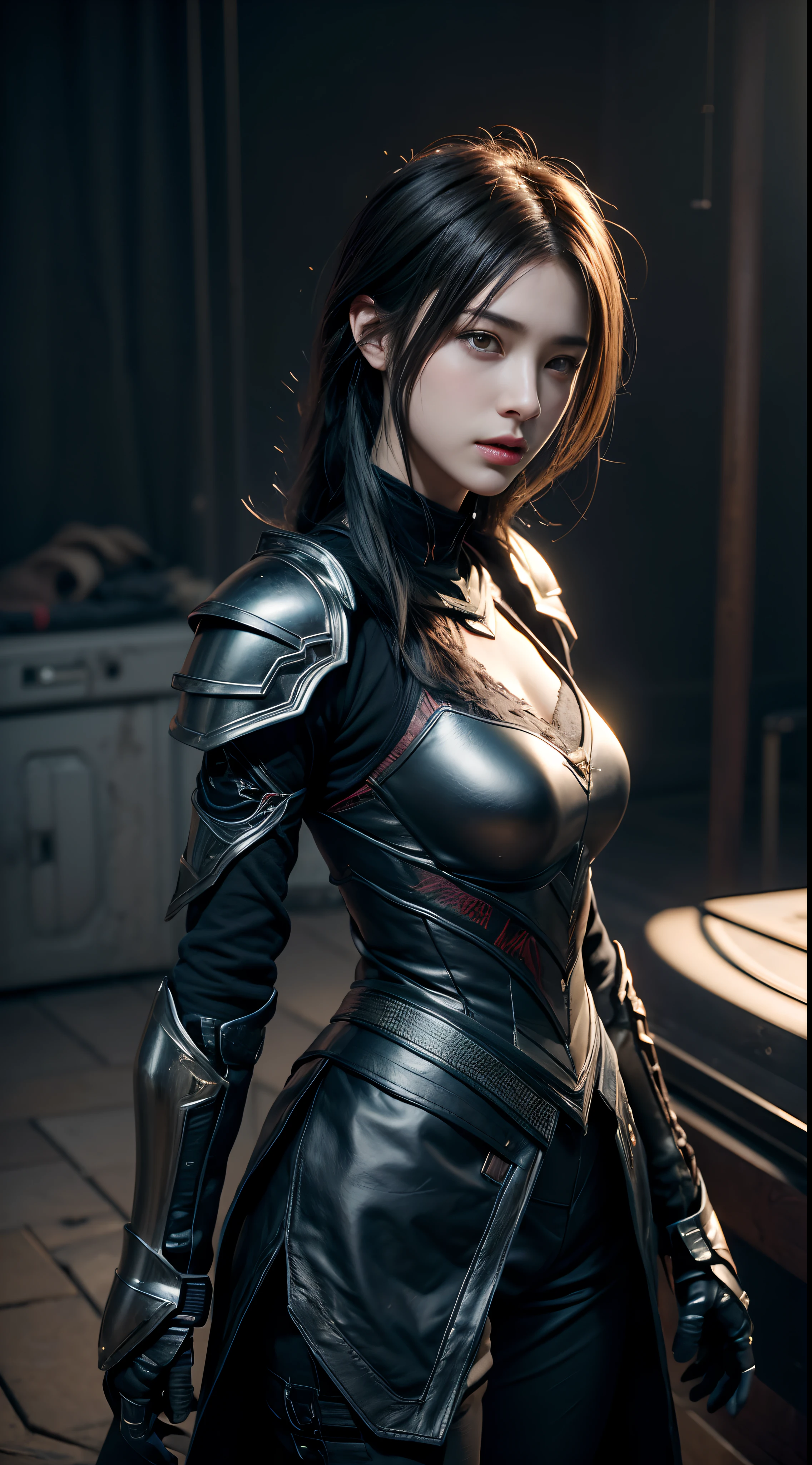 ((top quality)), ((masterpiece)), (Detail:1.4),。.。.。.。.。.。.3d, Beautiful cyberpunk woman image,nffsw(high dynamic range),ray tracing,NVIDIA RTX,super resolution,unreal 5,Sub-surface scattering,PBR texturing,After treatment,Anisotropic filtering,depth of field,Maximum clarity and clarity,multilayer texture,Albedo and specular maps,surface shading,Accurate simulation of light-material interactions,perfect proportions,octane rendering,two tone lighting,wide aperture,low iso、white balance、rule of thirds、8K RAW、(Armor with black dragon design),(((Clothes and armor are tattered))),(((Clothes are dirty with dirt or dust.))),((Upper body portrait))