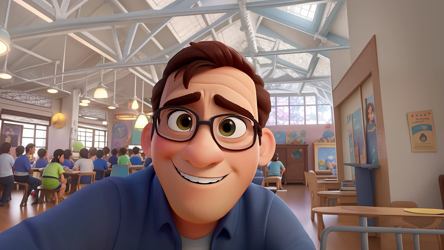 Poster no estilo Disney pixar, alta qualidade, melhor qualidade,anco, homem tirando uma foto de si mesmo no espelho, foto fit, em uma academia, malhar, imagem de perfil, cerca de 3 5 anos, em forma, de cor parda e olhos castanhos escuros