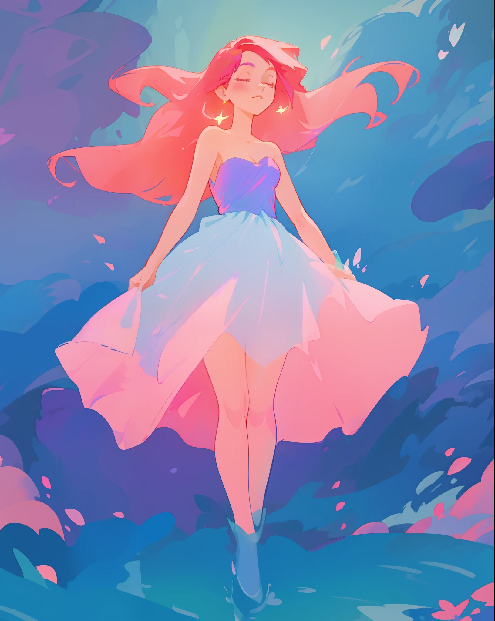 beautiful girl, gradient blue pink and purple dress, flowing pink red hair, otherworldly purples blues and greens landscape background, watercolor illustration, disney art style, glowing aura around her, flowing glowing hair, glowing flowing hair, fantasia otherworldly landscape, beautiful, masterpiece, best quality