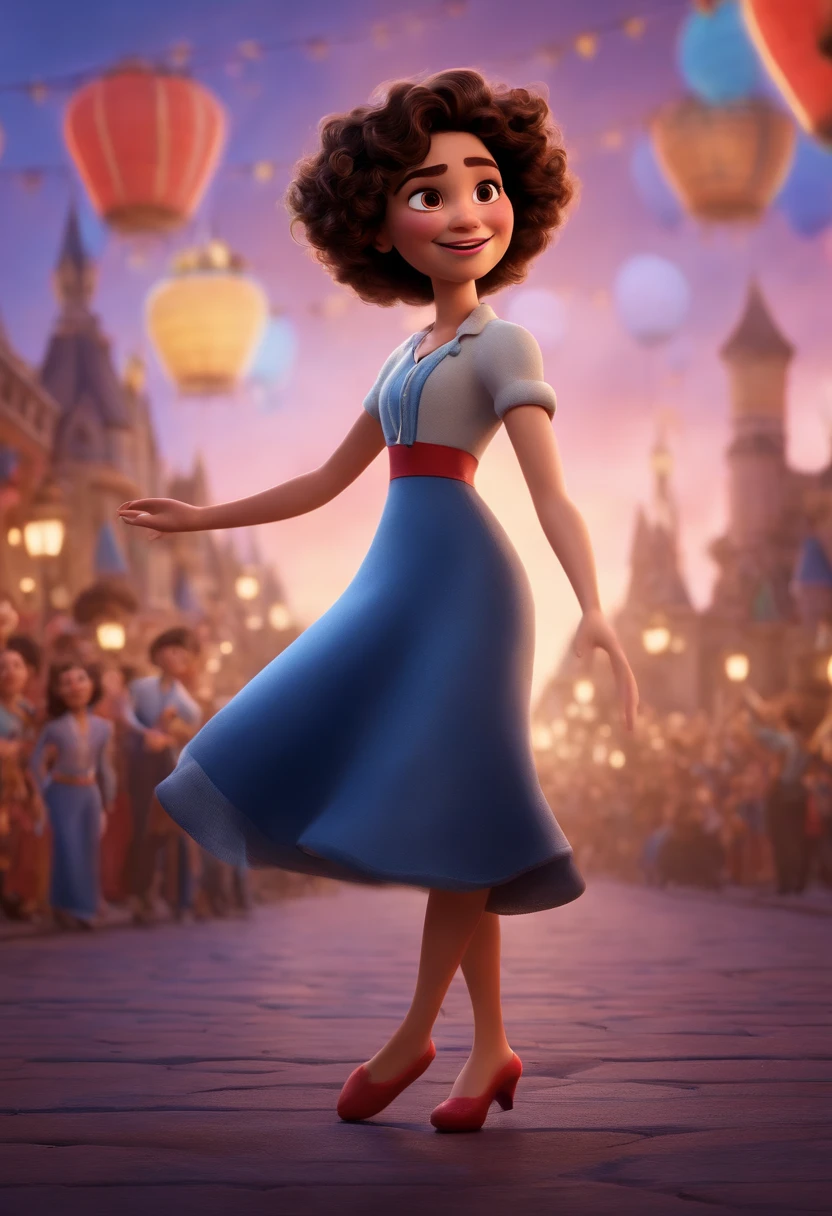Pixar style image with 3D character white glasses brunette woman short curly hair dancing, Maquiagem Disney,Pescador, bonitinho, sorridente ,Close-up, Pixar, Disney, Cinema lighting,