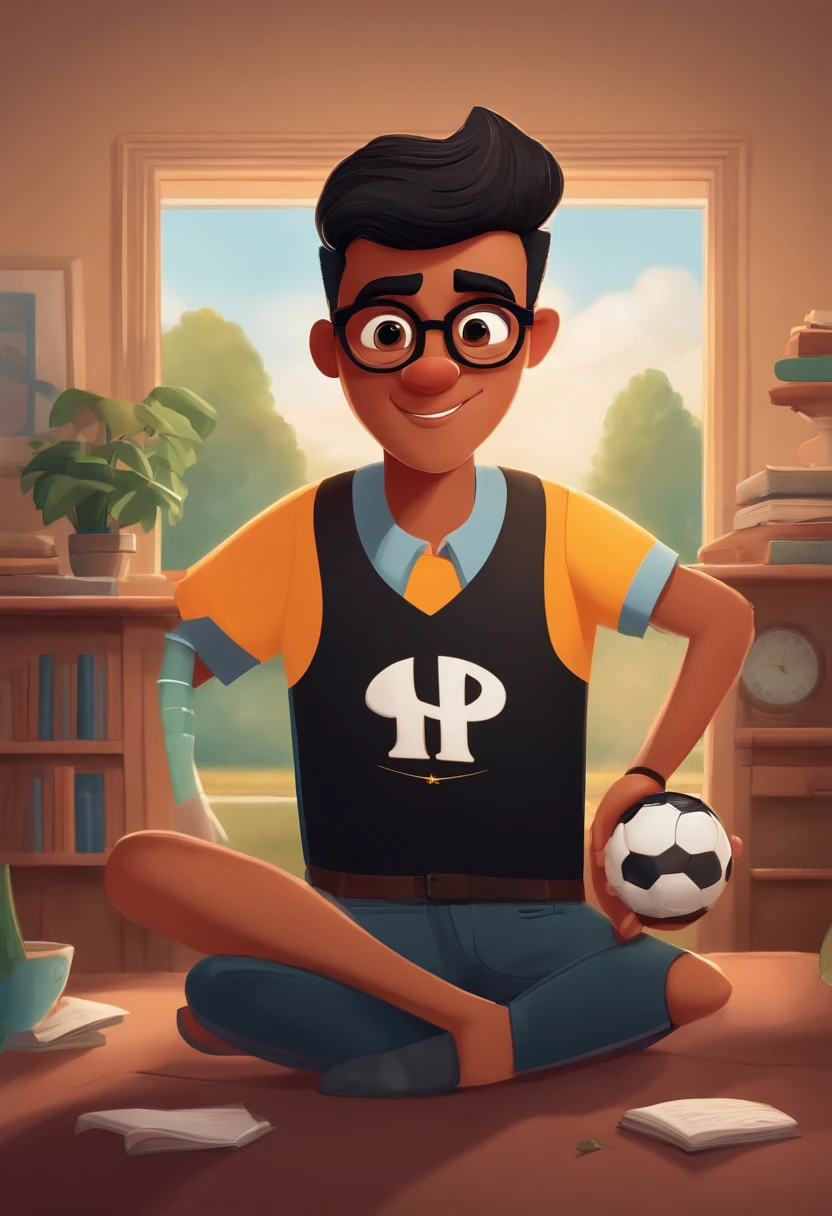 Crie um cartaz inspirado na Disney Pixar com o personagem sendo o juiz de futebol, A black-haired man wearing glasses, On a white band in the judge's hair written (foco nítido