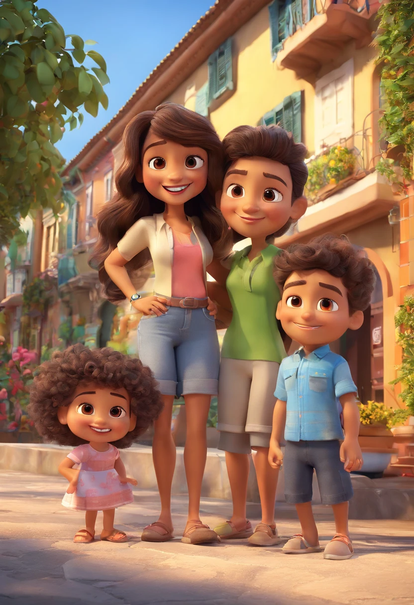 Estilo Pixar: fami, A brunette father with short dark brown hair with a wears sunglasses light-skinned mother with light brown visor and dress and twin girls . Uma de 2 anos com o cabelo na cor castanho claro e a outra com 2 anos e com cabelo na cor castanho escuro. Com o fundo no rio de janeiro, with the name Pixar style film written family Ceciliano Oliveira.