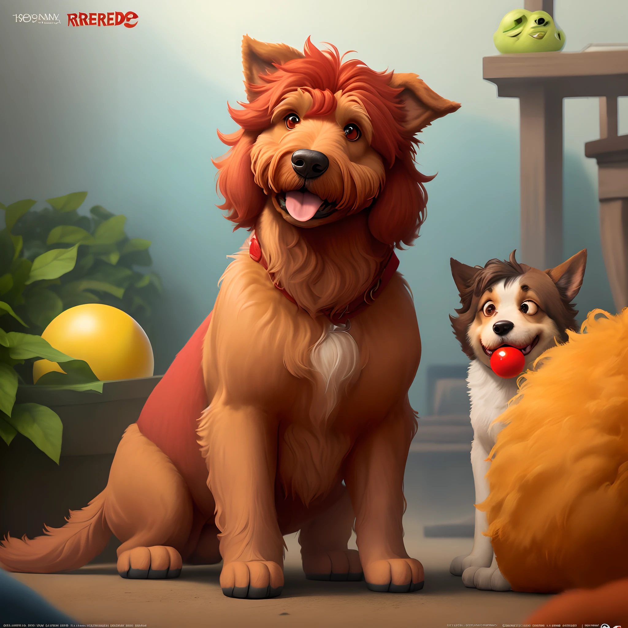 a disney pixar inspired movie poster with the title “Big Red” in the image a reddish fluffy golden doodle with a red ball in his mouth