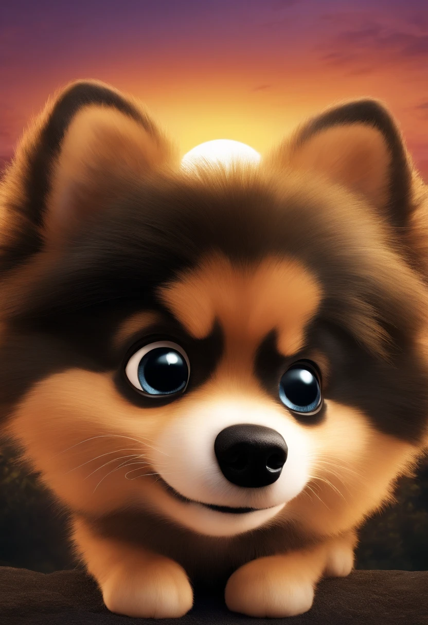 Animated poster for the Disney Pixar movie of a small German Pomeranian spitz with black fur. Com muito pelo e cor preta.