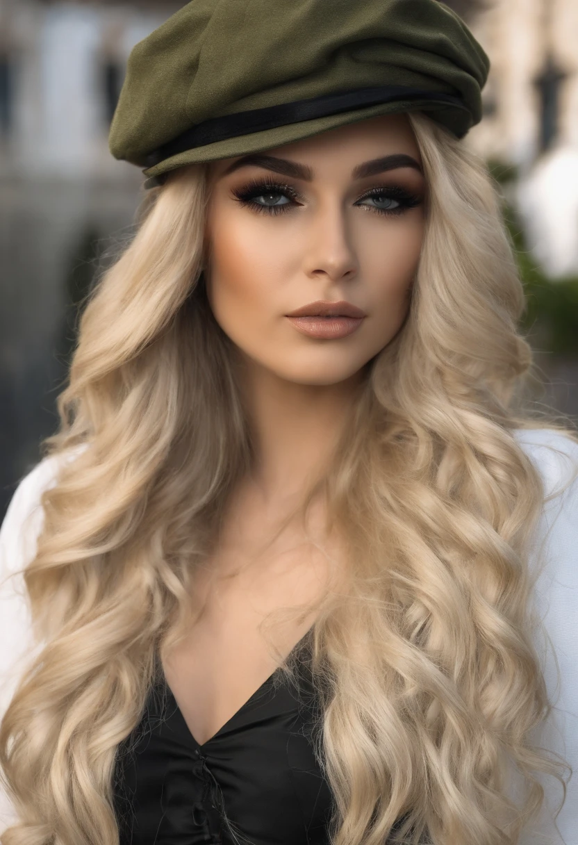 ((2D ao vivo)) master part, 1girl, corpo inteiro, fica em linha reta, roupas steampunk, military clothing, Olhando para o Viewer, Rosto detalhado, com cabelo ondulado verde, franja, chifres de ovelha de metal, gradient hair, cabelos multicoloridos, Cabelos verdes claros, Dicas de cabelo turquesa, cabelos ondulados, gradient eyes, olhos alaranjados, (fundo simples, fundo branco: 1.3)