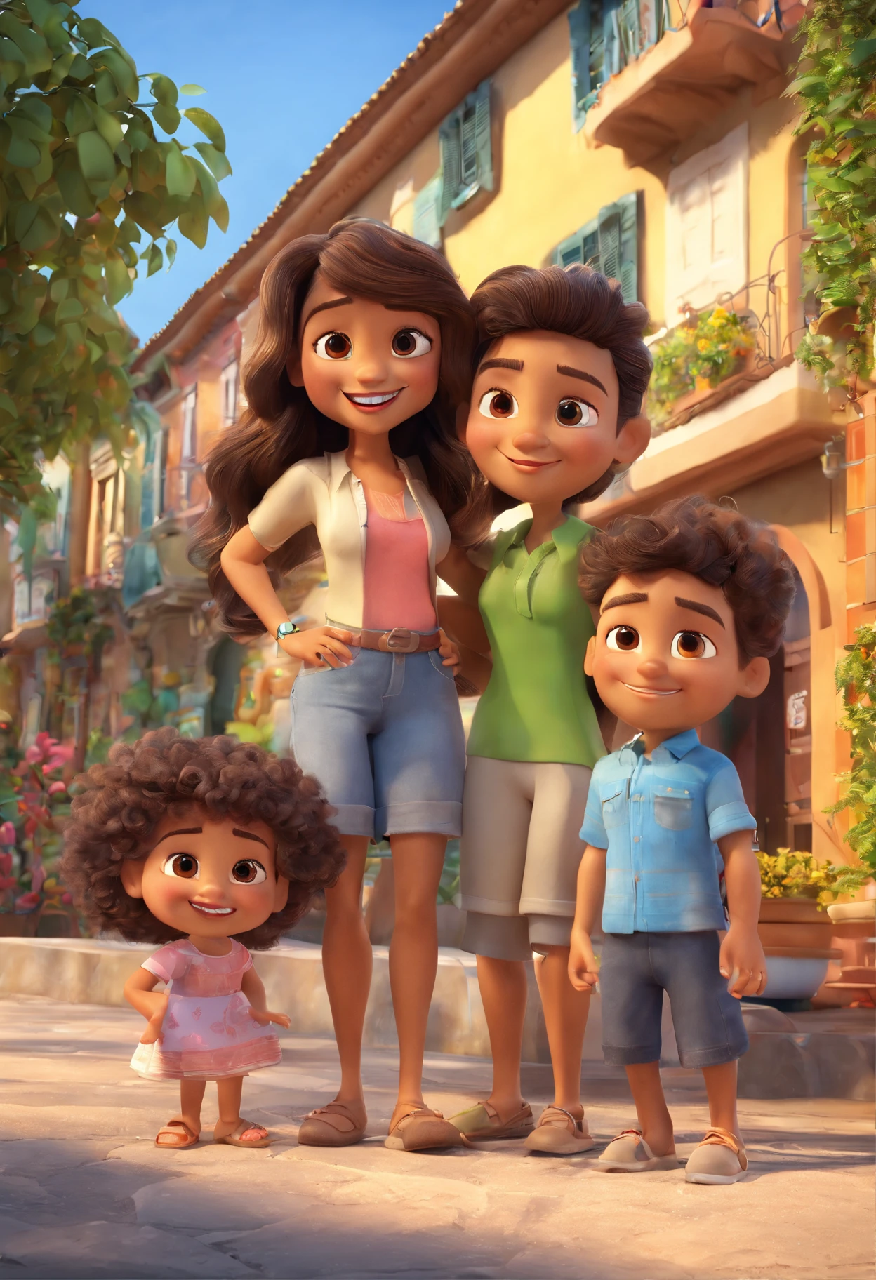 Estilo Pixar: fami, A brunette father with short dark brown hair with a wears sunglasses light-skinned mother with light brown visor and dress and twin girls . Uma menina de 2 anos com o cabelo na cor castanho claro e a outra com 2 anos e com cabelo na cor castanho escuro. Com o fundo no rio de janeiro, with the name Pixar style film written family Ceciliano Oliveira.