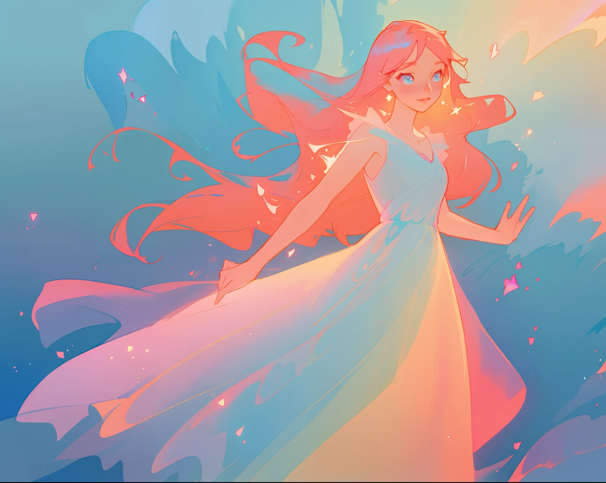 beautiful girl in pale blue and pink flowing gown, long flowing red peach hair, fantasia watercolor background, inspired by Glen Keane, inspired by Lois van Baarle, disney art style, by Lois van Baarle, glowing aura around her, by Glen Keane, jen bartel, glowing lights! digital painting, flowing glowing hair, glowing flowing hair, beautiful digital illustration, fantasia background, whimsical, magical, fantasy, beautiful face, ((masterpiece, best quality)), intricate details, highly detailed, sharp focus, 8k resolution, sparkling detailed eyes, liquid watercolor