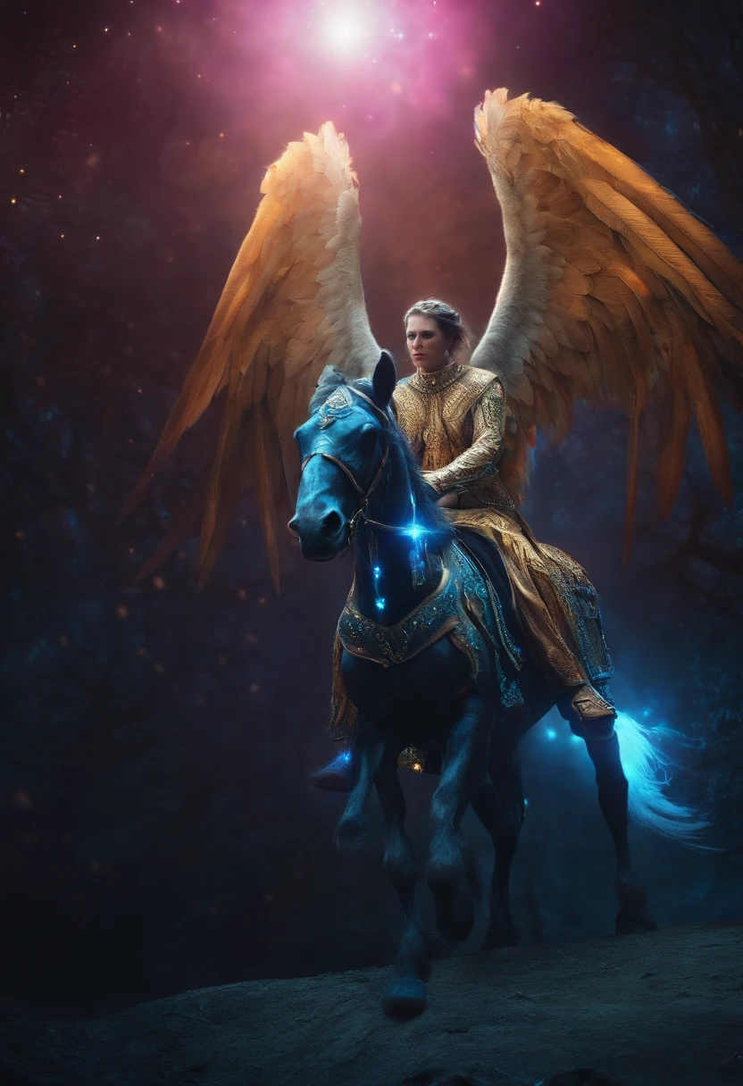 Cosmic Fallen Angel, glowing light eyes, Biomechanical, eerie, Creepy, nightmarish, Very bright colors, Light particles, with light glowing, Mshiff, wallpaper art, UHD wallpaper, riding on a donkey