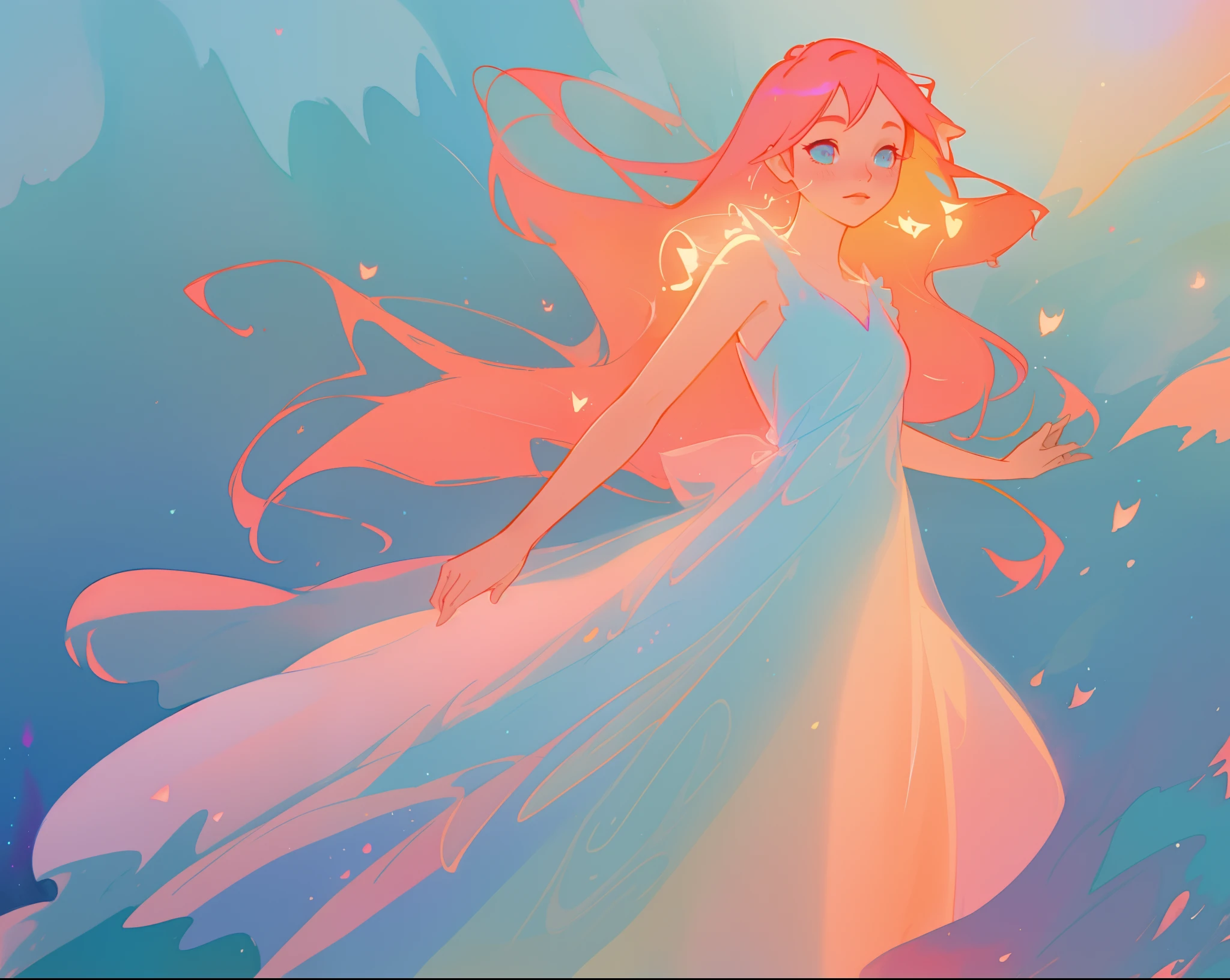 beautiful girl in pale blue and pink flowing gown, long flowing red peach hair, fantasia watercolor background, inspired by Glen Keane, inspired by Lois van Baarle, disney art style, by Lois van Baarle, glowing aura around her, by Glen Keane, jen bartel, glowing lights! digital painting, flowing glowing hair, glowing flowing hair, beautiful digital illustration, fantasia background, whimsical, magical, fantasy, beautiful face, ((masterpiece, best quality)), intricate details, highly detailed, sharp focus, 8k resolution, sparkling detailed eyes, liquid watercolor