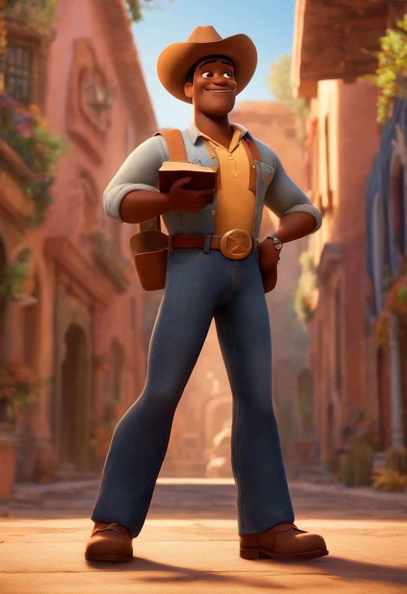 personagem dos desenhos animados pixar de um homem de pele morena morena com bochechas grande com camisa jeans e camisa preta aberta, With a Bible in his right hand, The image is from the waist up