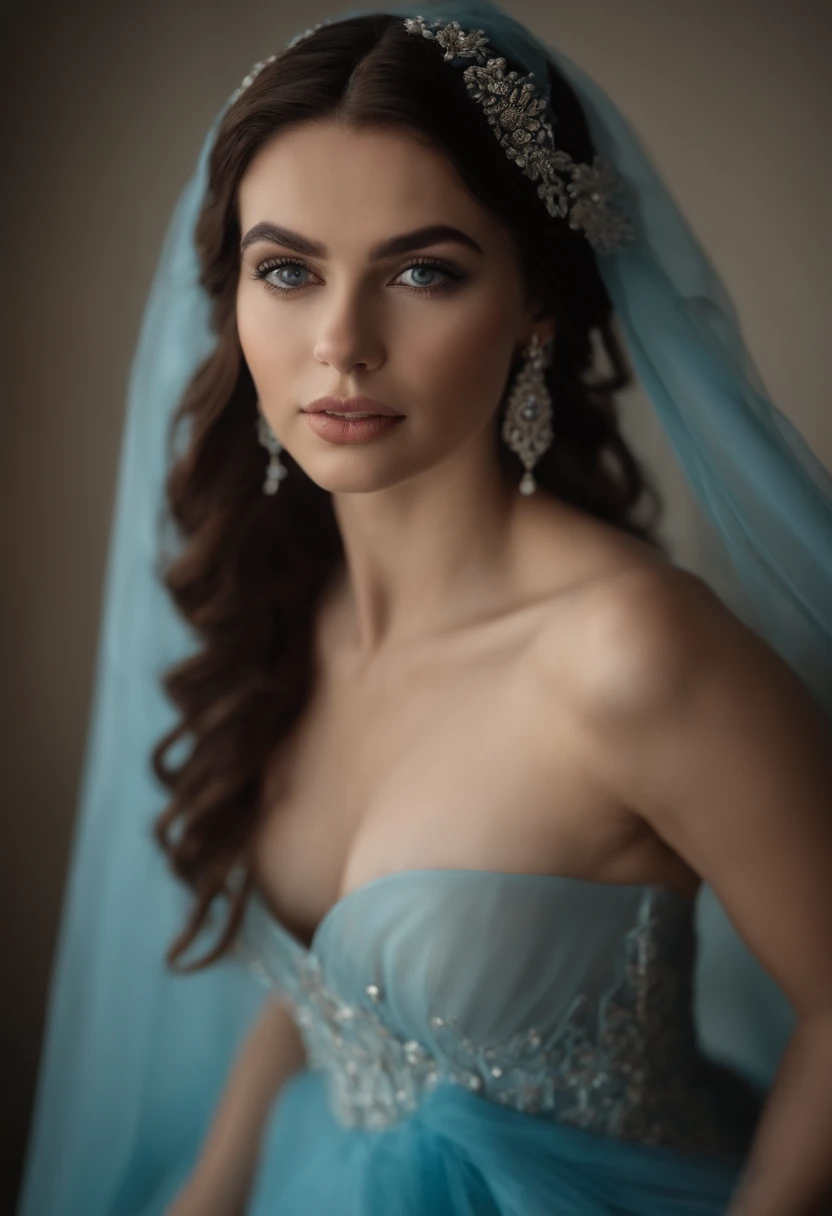 Foto RAW, Uma foto de corpo inteiro de Ceciliadeo1SD,Auburn Cabelo, corte de cabelo pixie curto, pale skin, corpo magro, fundo do quarto, blue silk veil,cinto fino da corrente da seda, (pele altamente detalhada:1.2), 8k UHD, DSLR, soft lighting, alta qualidade, filmic grain, Fujifilm XT3