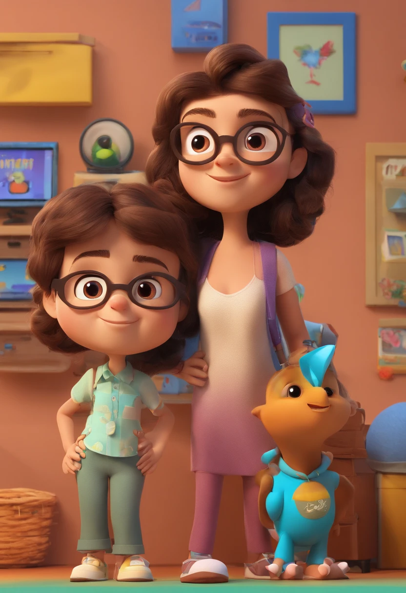 Estilo Pixar: fami, A brunette father with short dark brown hair with sunglasses, Fair-skinned mother with visor and light brown dress, and twin girls . Uma menina de 2 anos com o cabelo na cor castanho claro e a outra com 2 anos e com cabelo na cor castanho escuro. Com o fundo no rio de janeiro, with the name Pixar style film written family Ceciliano Oliveira.