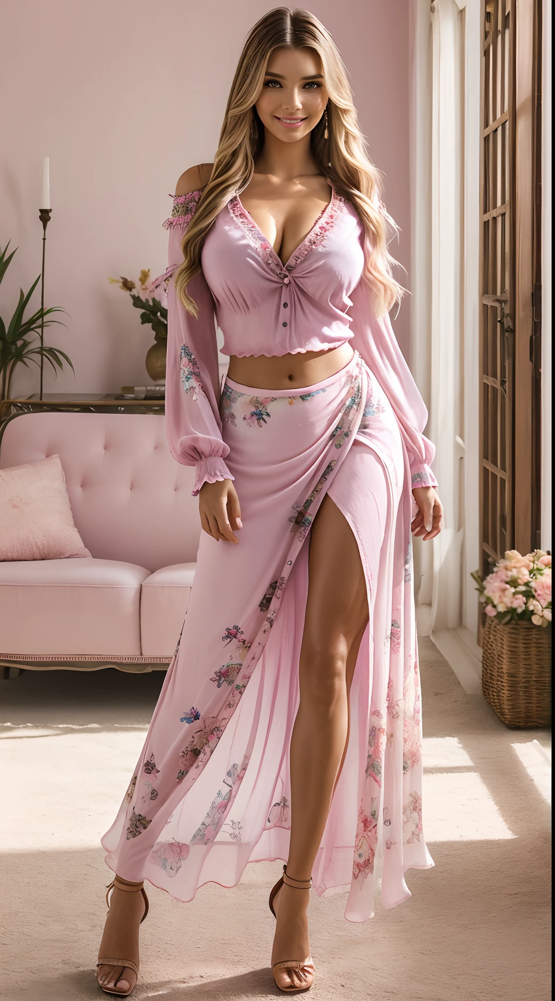 Foto hiperrealista en primer plano de Emily Sears , masterpiece, best quality, (photorealistic:1.4), full body, (pink Casual Boho Floral Blouse Shirts V Neck Long Puff Sleeve Lightweight Chiffon:1.2), (pink fall maxi maxi skirt:1.1), heels, living room, cinematic light, beautiful woman, skinny, large breastsr, straight hair, detailed face, smile, jumping