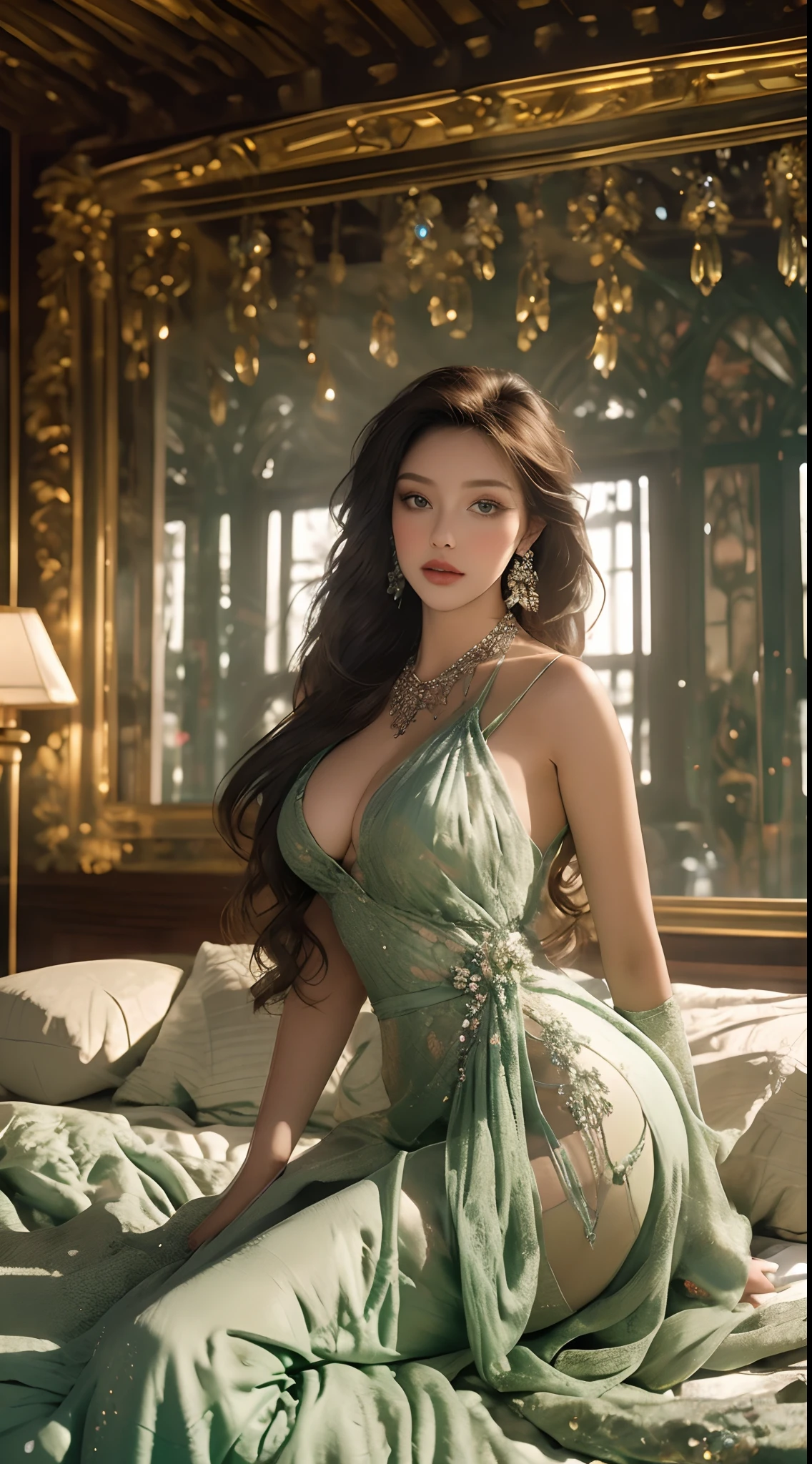 A beautiful Slavic princess, fantasy beauty features, seductive look,, glowing green eyes, wearing jewels,covered in floral Glowing gold crystal filigree, lying on the bed fully covered in jewels and crystals ,big breasts,big boobs, curvy and beautiful body, wearing a bold and majestic dress,hyperdetailed,bold and majestic look