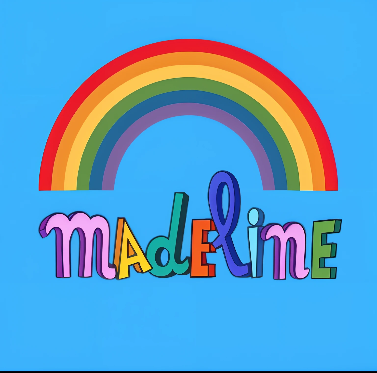 I would like a disney pixar style animation in 3D in 4K, A rainbow in evidence and the word Madeline on a sky blue background, Madeline, Celeste,