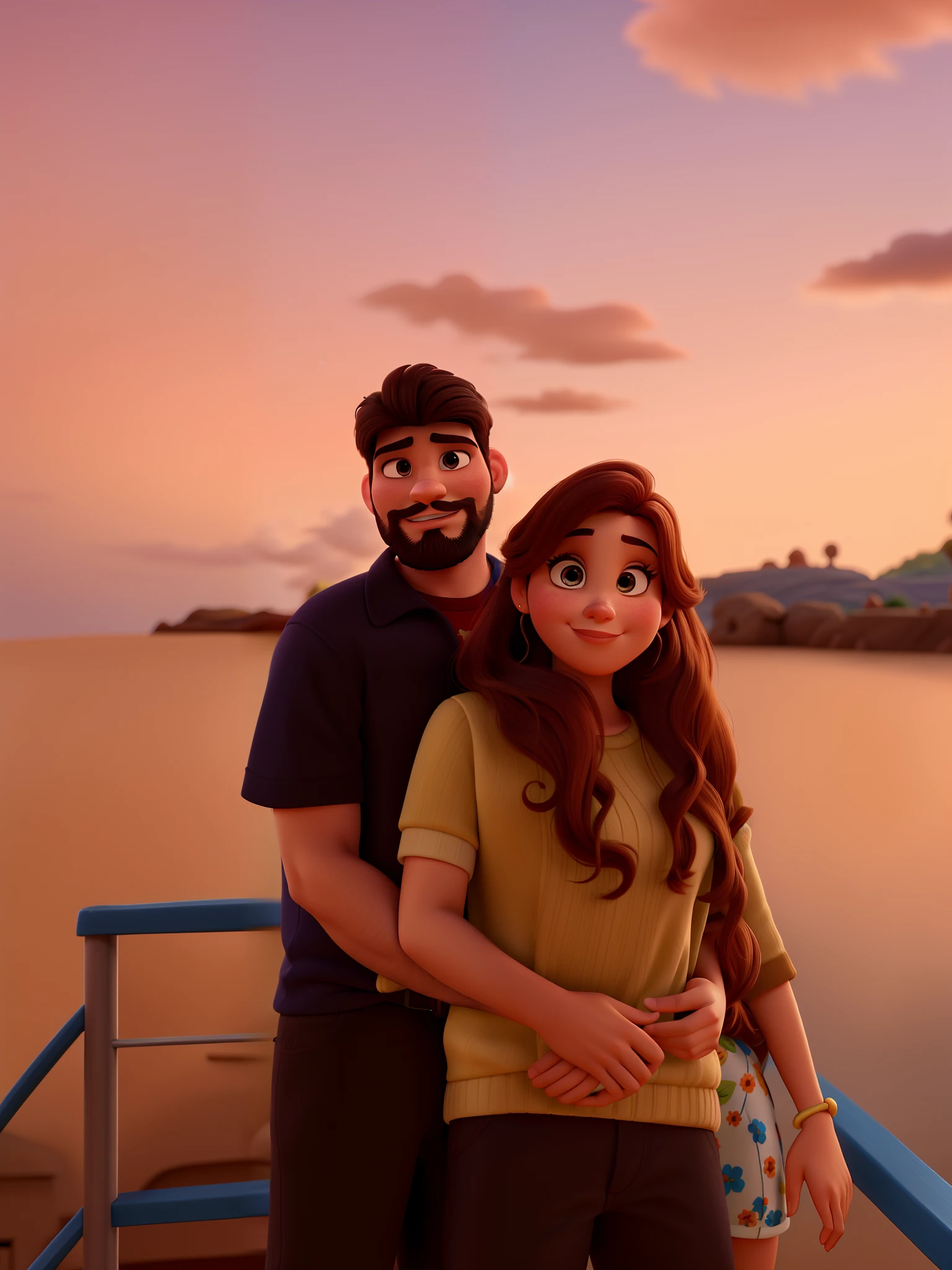 Casal estilo disney pixar melhor qualidade alta qualidade. Homem moreno cabelo comprido crespo barba e mulher loira olhos azuis cabelos longos lisos