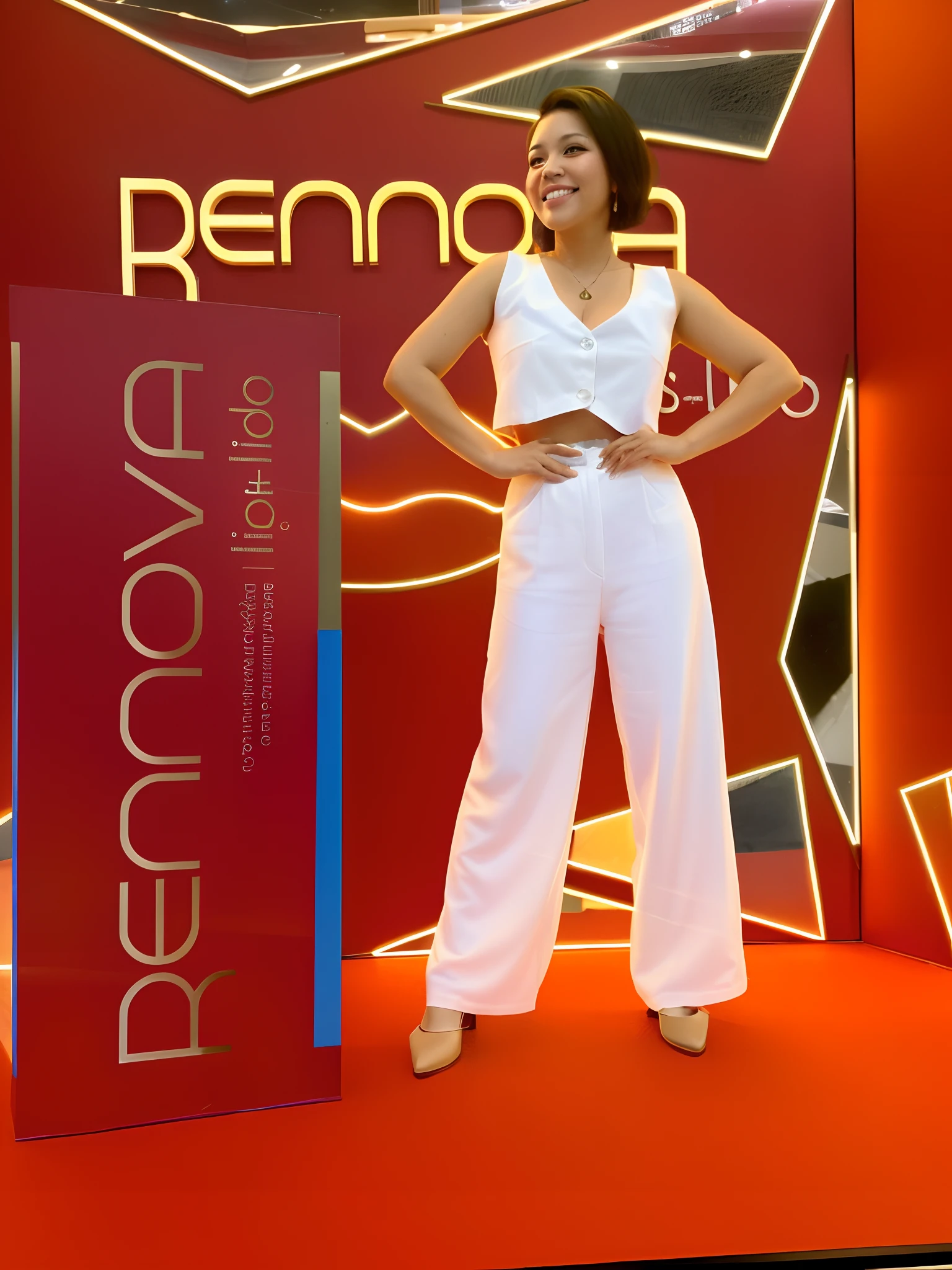 Arafed woman standing in front of a red and gold sign, na frente do fundo branco, vestindo terno branco futurista, Rena Nounen Estilo 3/4, Renata Glasc, retirar, aparecer em um shopping center, Estilo de Julia Razumova, figura de cera, inspirado em Ren Renfa, inspirado em Reinier Nooms