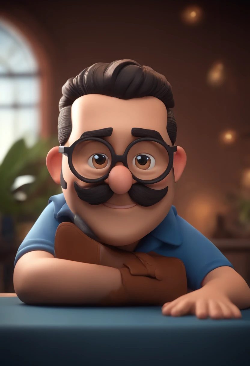 Cartoon character of a man wearing black glasses and a blue shirt, um personagem animado, Caractere estilizado, animation style rendering, 3D estilizado, Arnold Maya render, 3 d render stylized, toon render keyshot, Personagem 3D, Personagem 3D, 3d rendering stylized, 3 d character render, personagem de desenho animado, Personagem de close up, Pose de personagem, (Estilo Pixar) (master part:1.2) (Bokeh) (best quality) (pele detalhada) (textura detalhada) (8k) (argila) (Cinematic lighting) (foco nítido,Senta e vaza a parte superior do corpo