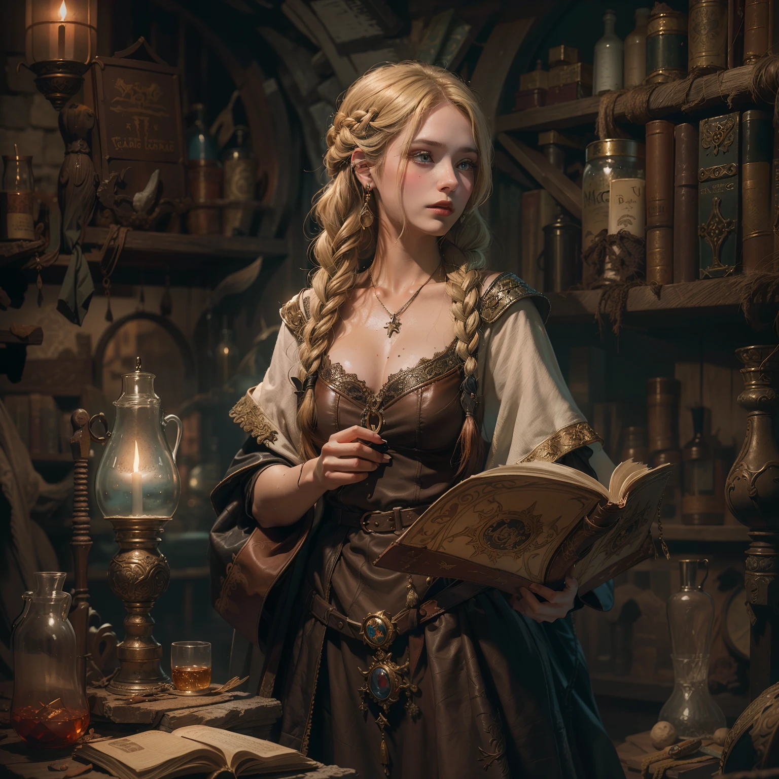 Numerous award-winning masterpieces, with incredible detail, textures and maximum detail, young black Woman in long dress , Portrait of a female wizard, Female occultist, Female clergy, Portrait of a female necromancer, Portrait of a female magician, Female magician, (Night View), Female necromancer, Female wizard, Medieval woman, Female sorceress, Gentle eyes, (She has a mischievous smile on her face), Friendly and girlish face, Glass earrings on the ears, (((She holds an old leather-bound book of magic in her hand))), ((((Full-length portrait)))), ((((full-body standing image)))), ((((gives full-body standing image)))), (Around her neck is a simple necklace of exquisite workmanship), ((She holds an old leather-bound book of magic in her right hand)), She has a small hanging lantern in her left hand, ((blond hair parted and down in two braids)), (((Sober modest cloth dress with elegant embellishments))), reddish brown braided sandals, (((Cloth dress))), ((She drapes a worn out cloak over her shoulders)), ((looks up)), ((looking down)), (Alchemist's room), (Alchemist's workshop), (Alchemist's laboratory), (Ruins of an old castle), (Ruins of an ancient castle), (Deserted ruins), (crumbling ruins), (Ruins with clear puddles), (Ruins with clear ponds), (Ruins with clear calm water), (Old ruins with clear water), (twilight), (sunset), (dusk),