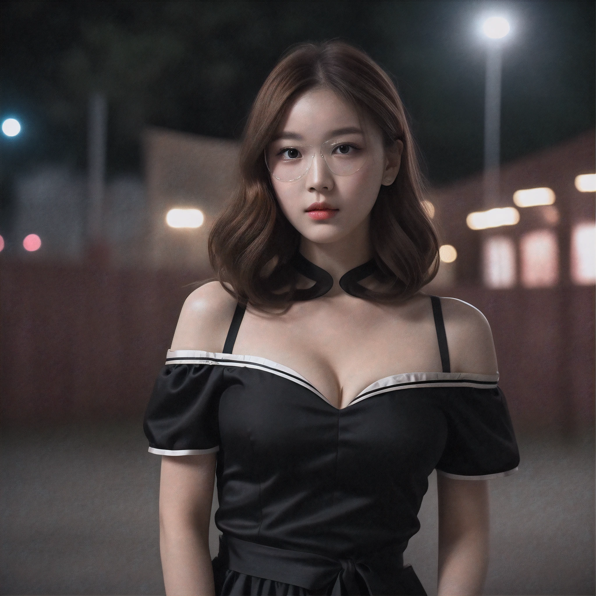 half-body photo of a young girl, (Perfect beauty:1.37), ((platinum brown hair)), medium(((perfect natural breasts))), cleavage, sexy collarbone, oval face, double eyelids, smart peach blossom eyes, pink lips, small nose, bangs, bare shoulders, strapless(black lace short dress), (Outdoor, Night:1.125), Park view, Super fine face, Fine eyes, Double eyelids, (Clear focus), (Realistic lighting, Best quality, 8K, Masterpiece: 1.43),
