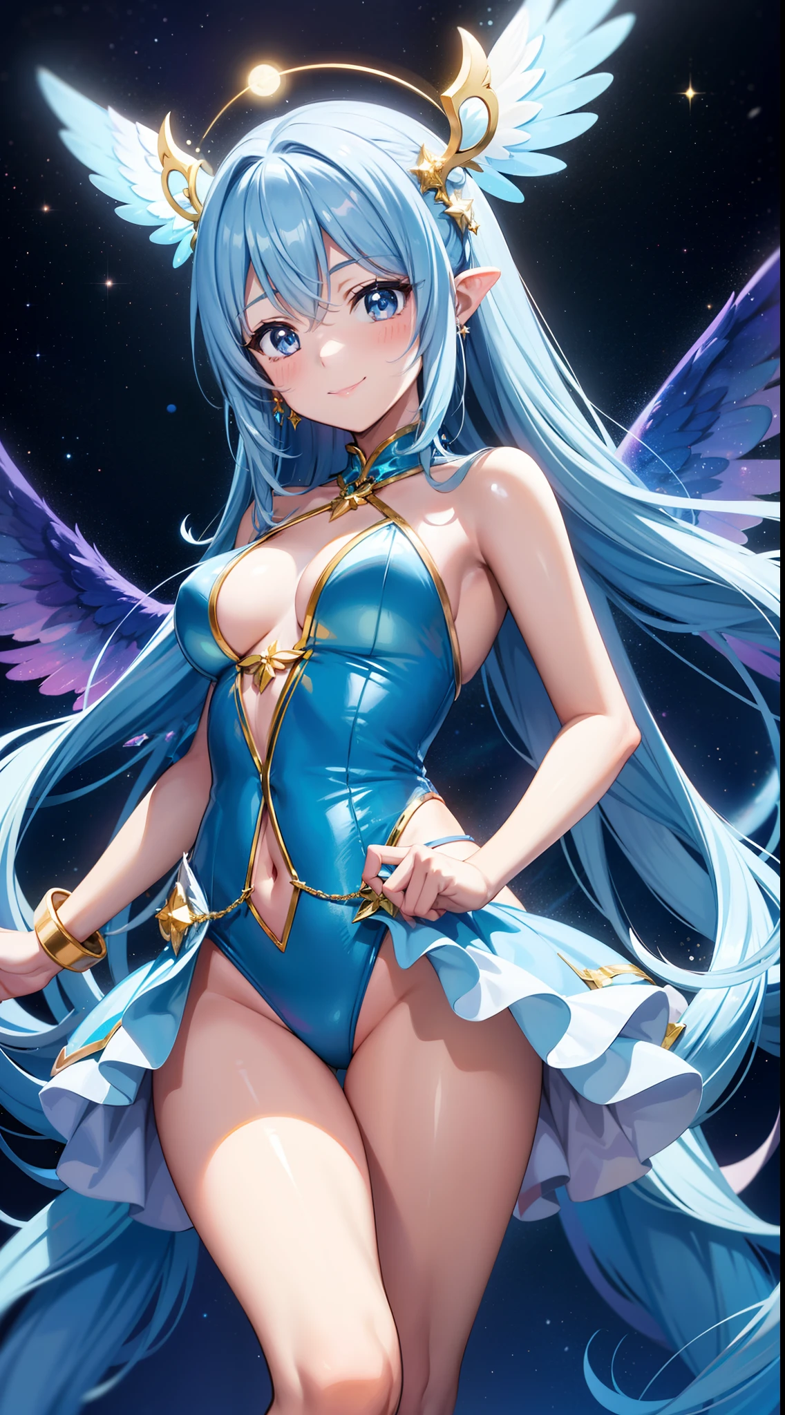 Super Idol　A beautiful girl with sparkling sparkles　A charming smile　sky blue hair　length hair　Twin-tailed　Glittery bright pink and white and blue and yellow leotards　facing front　7 colors of angel great wings on the back　Mystical　Fantasia　constellation　a moon　Crystal Brilliance　Aurora Borealis in the Night Sky