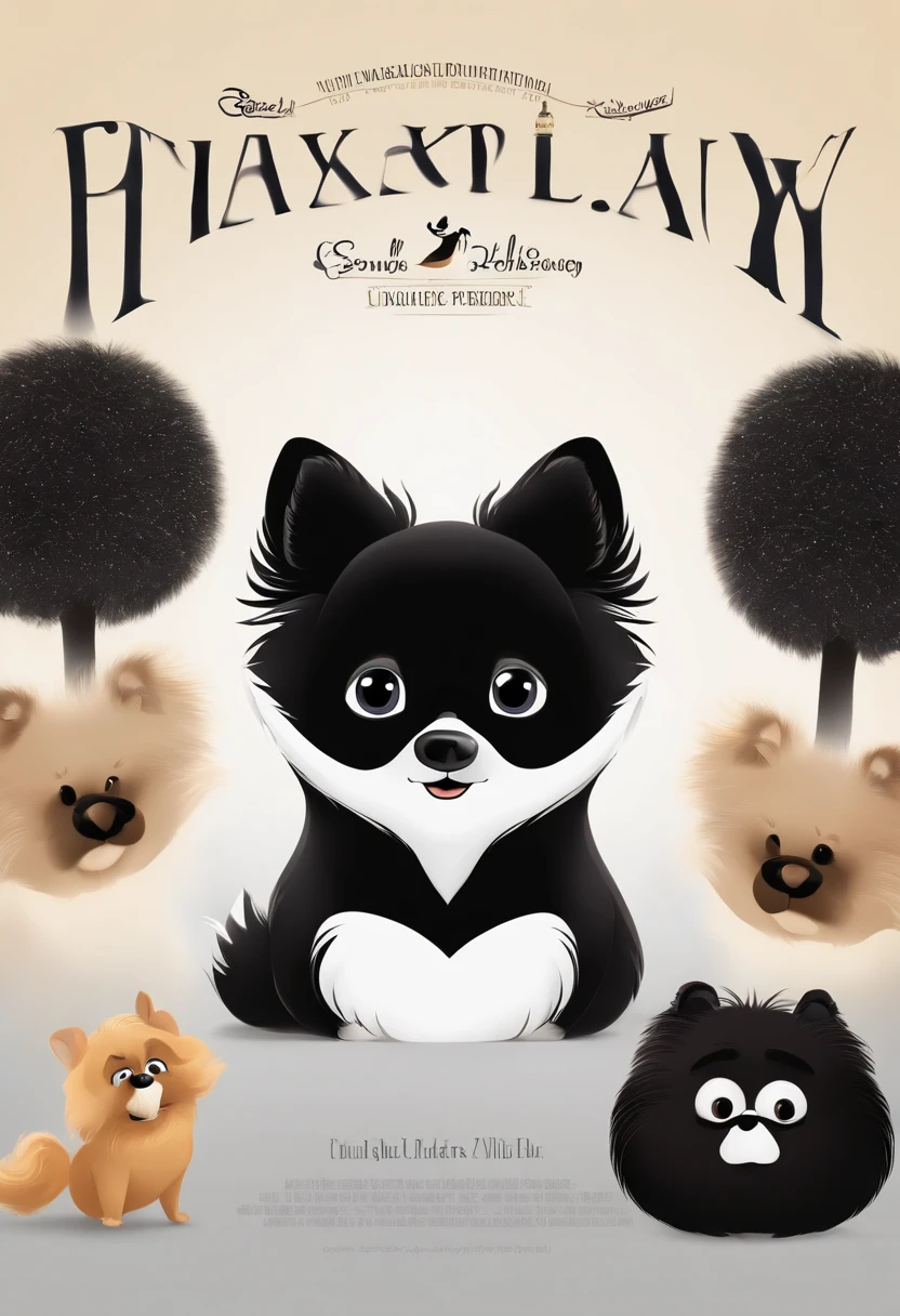 Animated poster for the Disney Pixar film of a small German spitz with black-colored fur and a mustache on one side black and on the other side white, e com cabelos cor de preto, grandes olhos negros, muito peludo