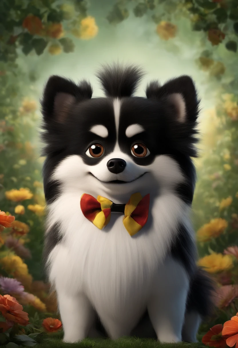 Animated poster for the Disney Pixar film of a small German spitz with black-colored fur and a mustache on one side black and on the other side white, e com cabelos cor de preto, grandes olhos negros, muito peludo